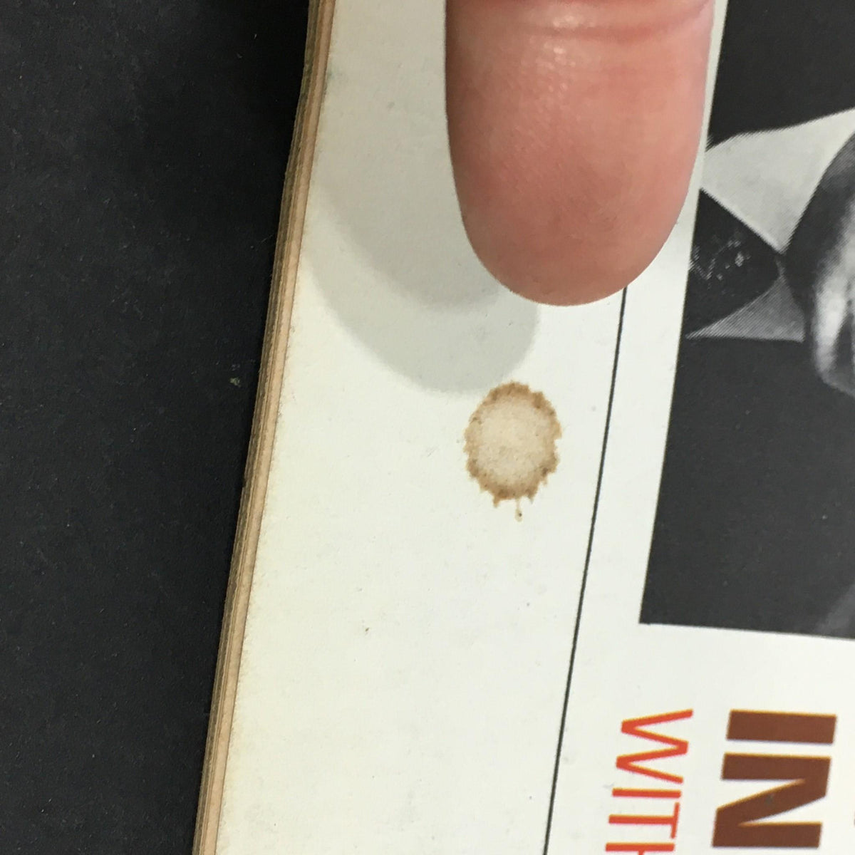 Close-up of a watermark stain on the U.S. News & World Report cover from September 2, 1974, featuring Gerald Ford and Nelson Rockefeller.