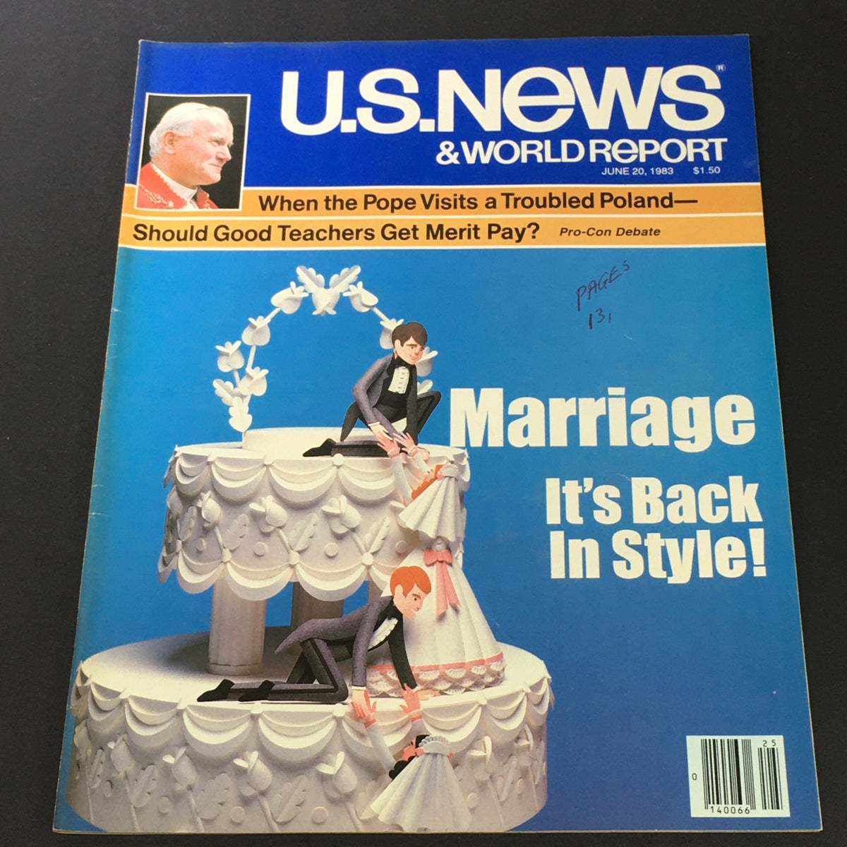Cover of US News & World Report from June 20, 1983, featuring the title 'VTG US News & World Report June 20 1983 - Pope John Paul II Visits Poland' with an illustration of a wedding cake and two grooms.