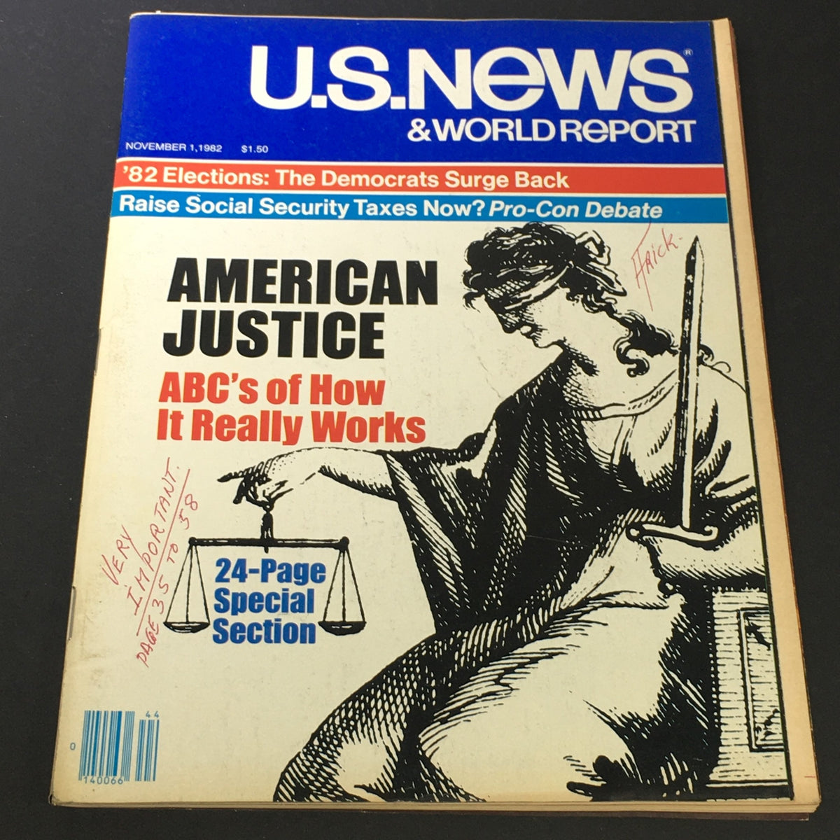 VTG US News & World Report November 11 1982 cover featuring American Justice theme with a depiction of Lady Justice holding scales.