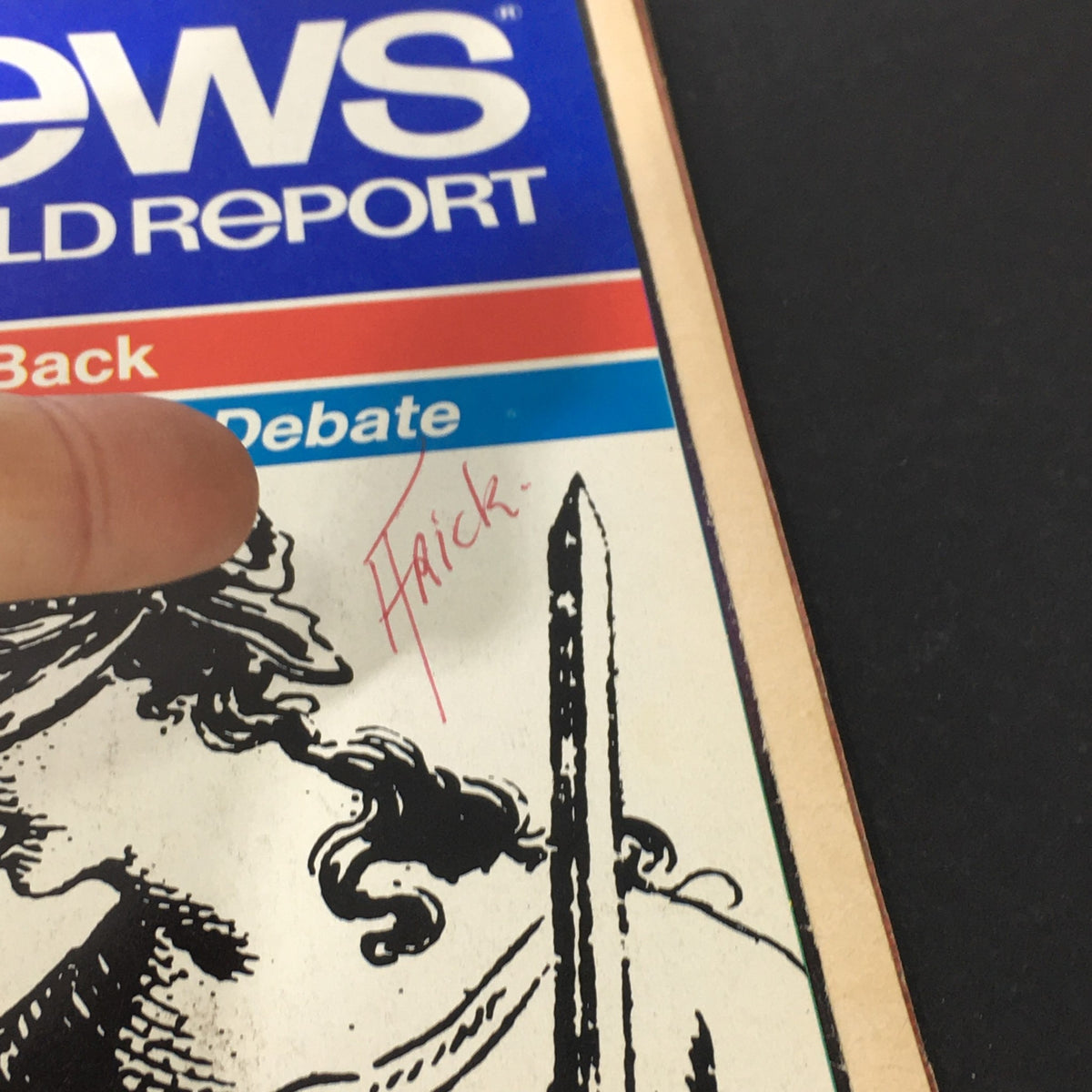 Detail from the VTG US News & World Report November 11 1982 cover highlighting the name 'Patrick' in red ink near a depiction of Lady Justice.