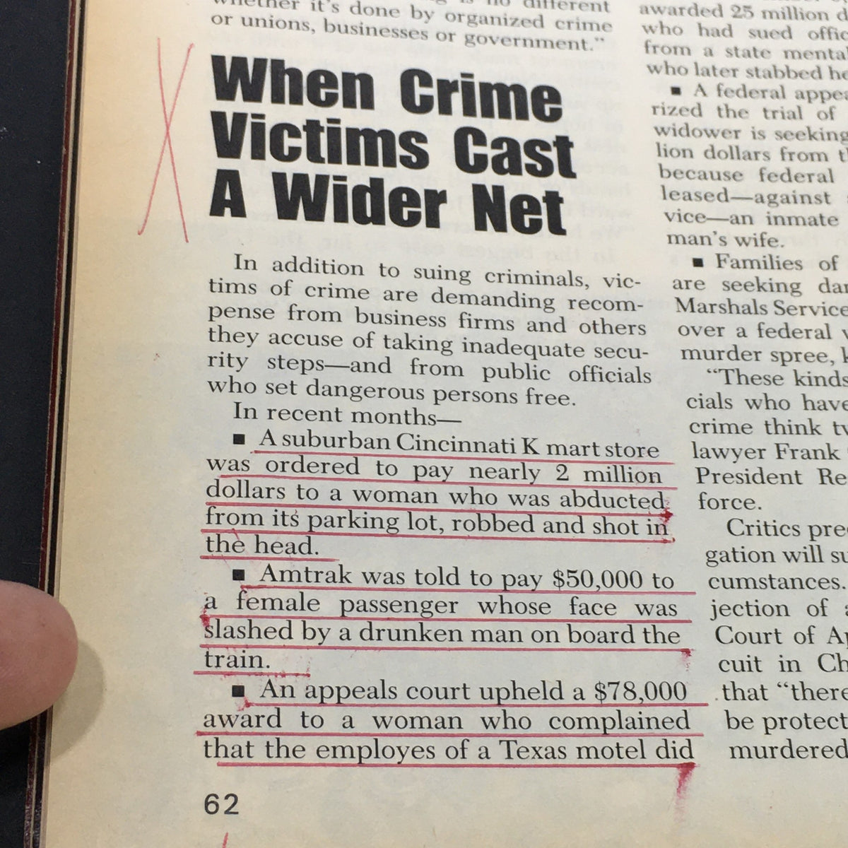 Text from U.S. News & World Report December 20, 1982, discussing a court case involving a Cincinnati K-Mart store and a victim of robbery and shooting.