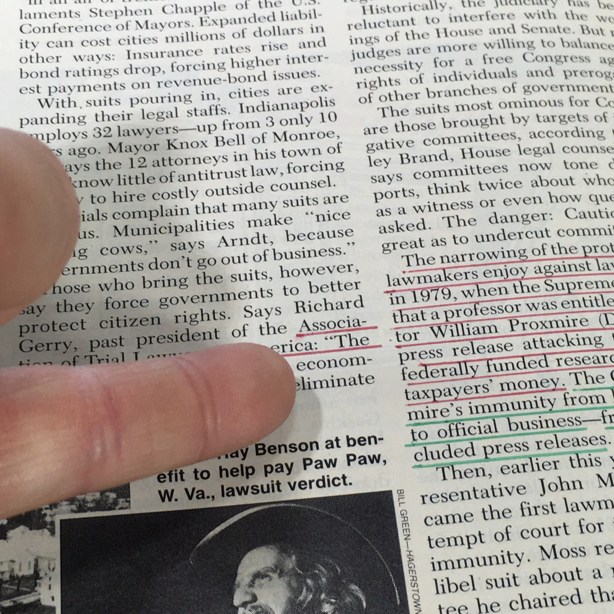 Article segment from U.S. News & World Report December 20, 1982, detailing comments from Richard Gerry, President of the Association of Trial Lawyers.