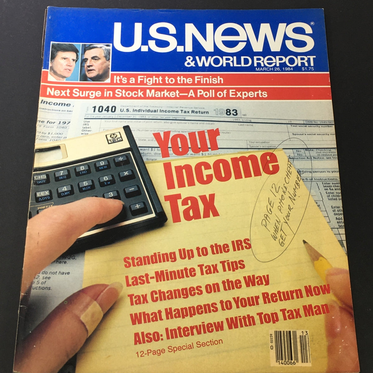 VTG US News & World Report March 26 1984 cover featuring the headline 'Your Income Tax' with a calculator and tax forms, highlighting the surge in stock market and tax tips.