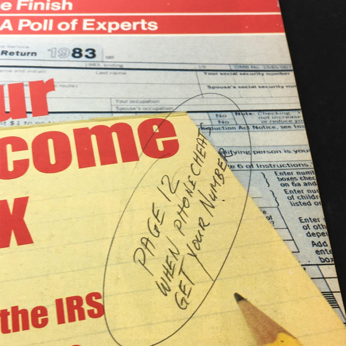 Close-up of VTG US News & World Report March 26 1984 cover showing handwritten note on tax form that reads 'PAGE 12 WHEN PHONING CHEAT GET YOUR NUMBER.'