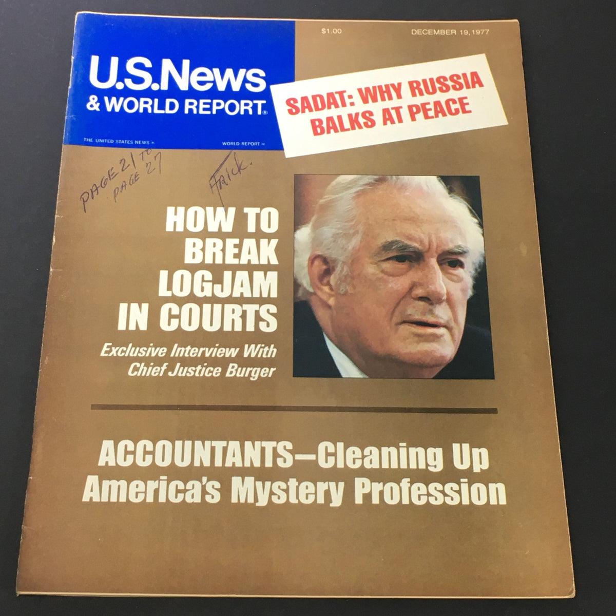 Cover of VTG US News & World Report December 19 1977 featuring a headline on breaking logjam in courts and an exclusive interview with Chief Justice Warren E. Burger, alongside topical news notes.