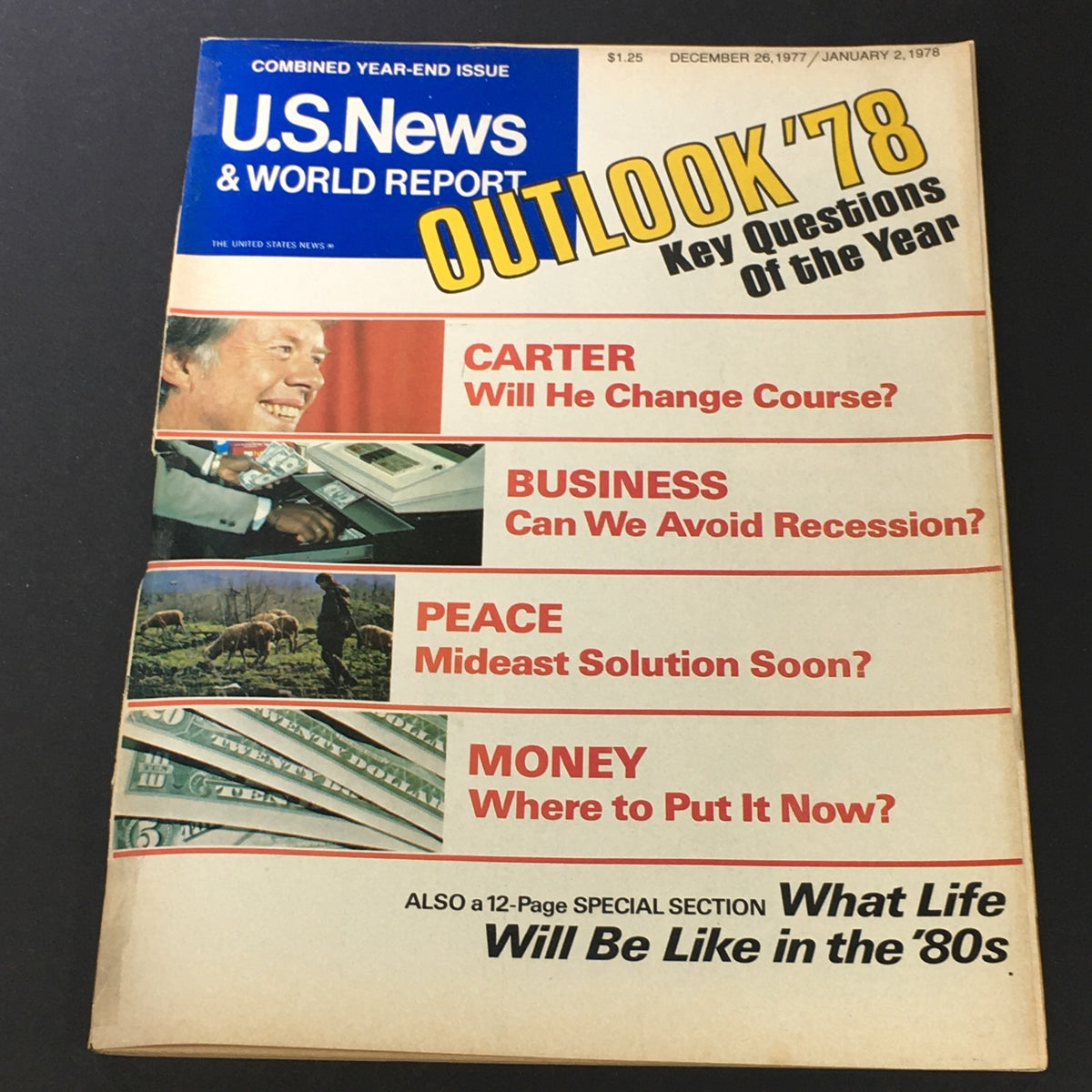 Vintage U.S. News & World Report January 2, 1978 cover featuring President Jimmy Carter and the title 'Outlook '78: Key Questions of the Year' showcasing topics like business, peace, and money.