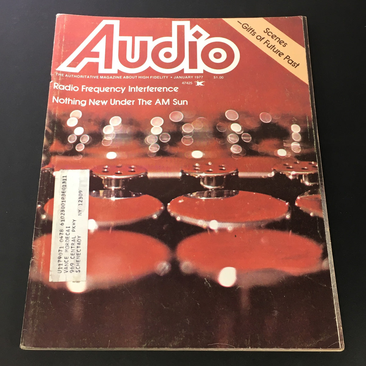 Cover image of the VTG Audio Music Magazine January 1977 titled 'Radio Frequency Interference'. Features prominent title 'Audio' and visuals of audio equipment, showcasing the magazine's focus on high fidelity music technology in the late 1970s.