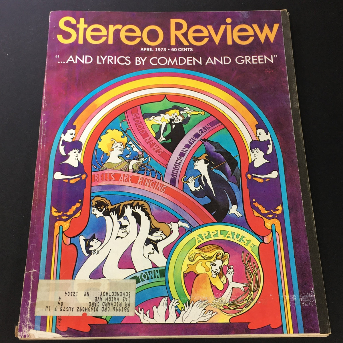 Cover of VTG Stereo Review Music Magazine from April 1973, featuring vibrant artwork and the subtitle '...And Lyrics by Comden and Green'. This vintage magazine provides a glimpse into the music culture of the early 1970s.