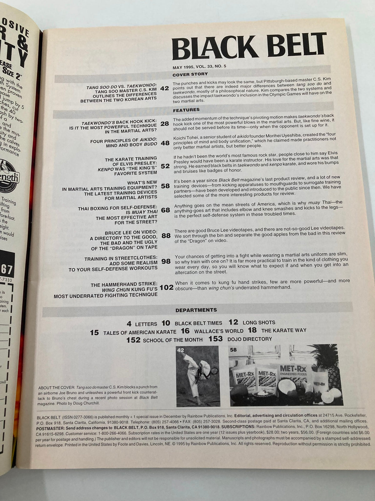 Table of contents page from Black Belt Magazine May 1995, outlining featured martial arts articles and techniques including Tang Soo Do and Taekwondo.
