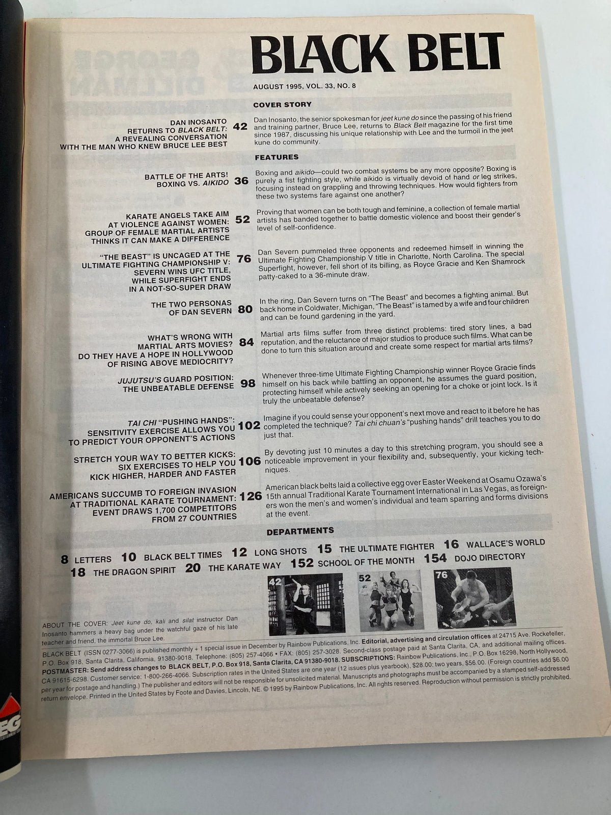 Inside page of Black Belt Magazine August 1995 showcasing contents and feature articles including a conversation with Dan Inosanto and topics on martial arts training.