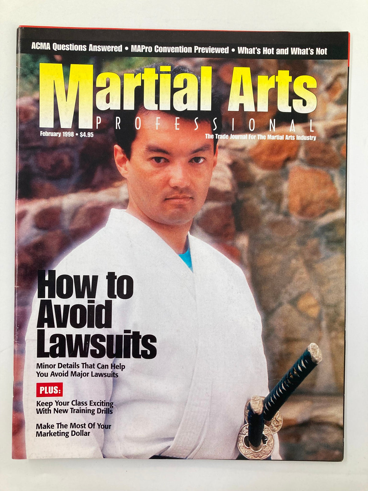 Cover of Martial Arts Professional magazine, February 1998 edition, featuring Scot Conway, ACMA Board Member, with article titled 'How to Avoid Lawsuits'.