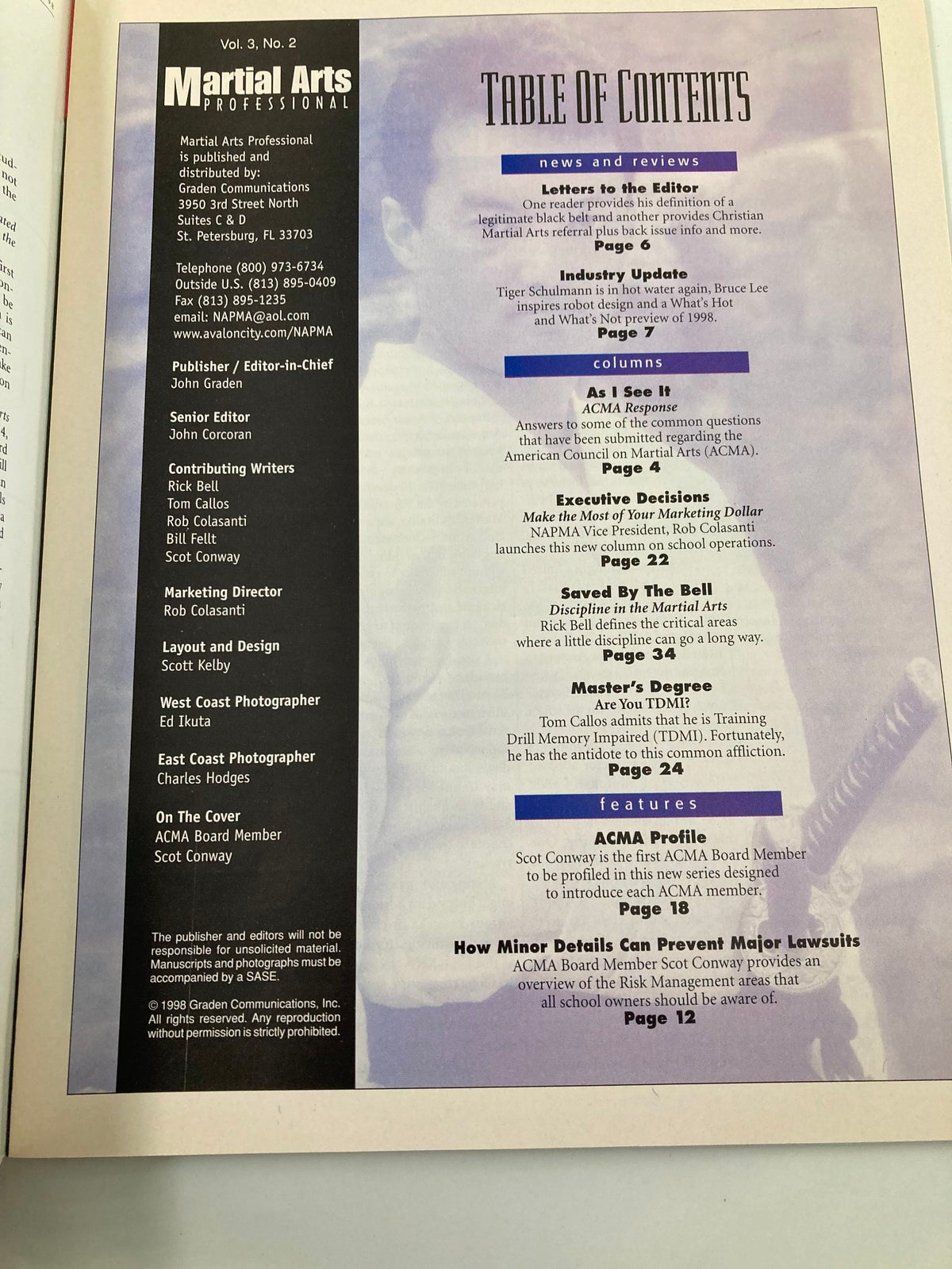 Table of Contents page from the February 1998 edition of Martial Arts Professional magazine, highlighting contributions and sections including an ACMA profile of Scot Conway.