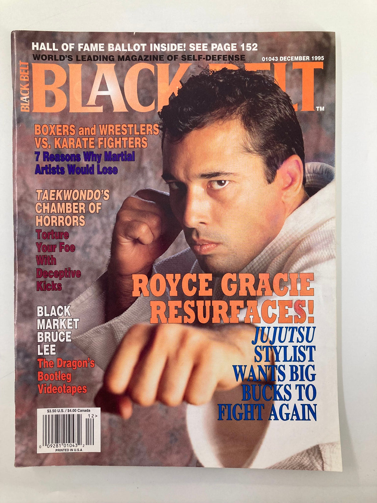 Cover of Black Belt Magazine, December 1995, featuring Jujutsu stylist Royce Gracie in action. The magazine highlights Gracie's martial arts techniques and contributions to the sport.