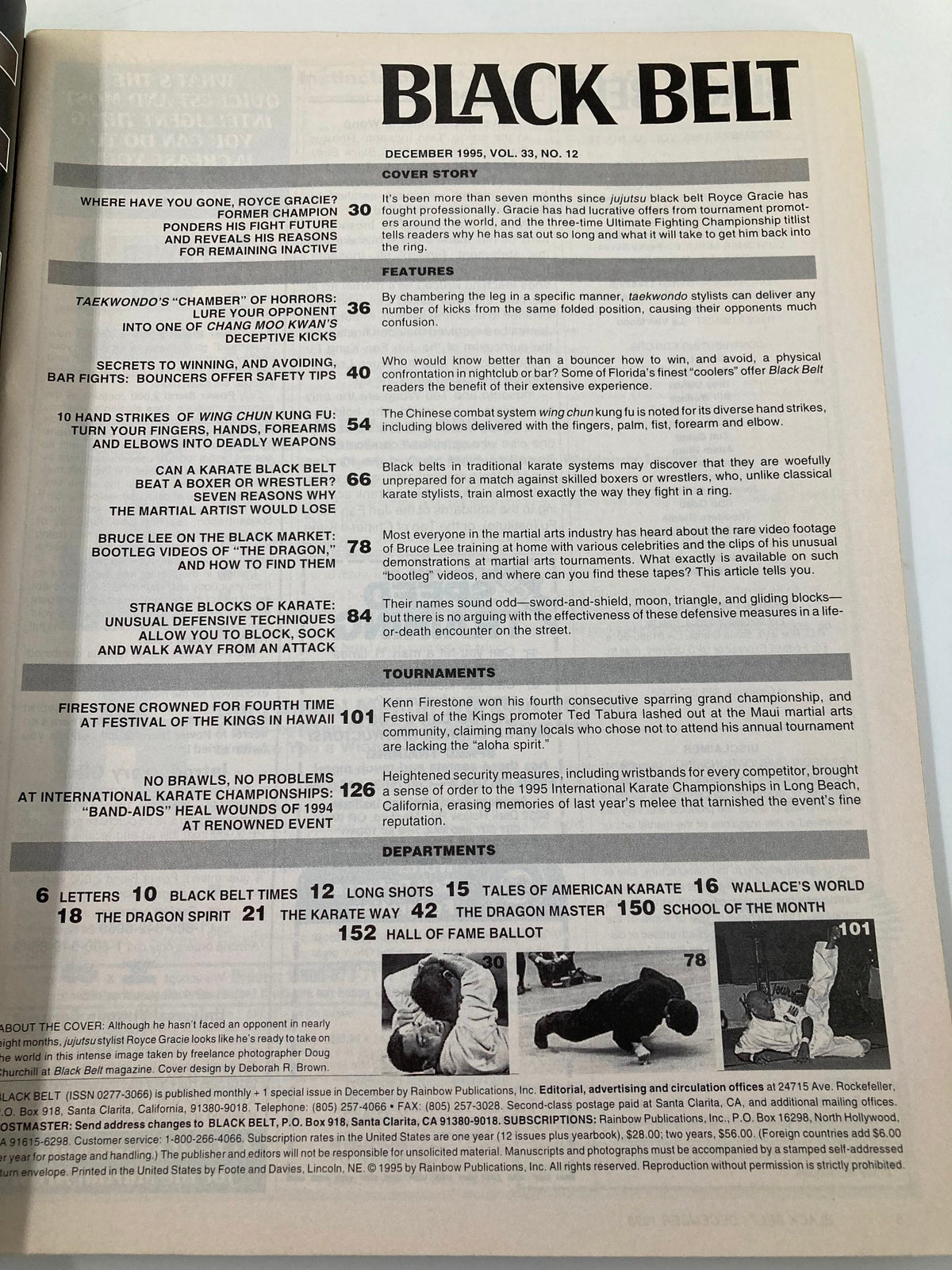 Contents page of Black Belt Magazine, December 1995, listing features including Royce Gracie's insights and various martial arts techniques, capturing the essence of martial arts culture.