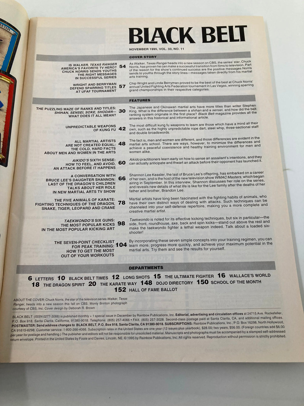 Content of Black Belt Magazine from November 1995, featuring Chuck Norris in Walker Texas Ranger, showcasing articles and features related to martial arts, including tables of contents and sections like 'Cover Story' and 'Departments'.
