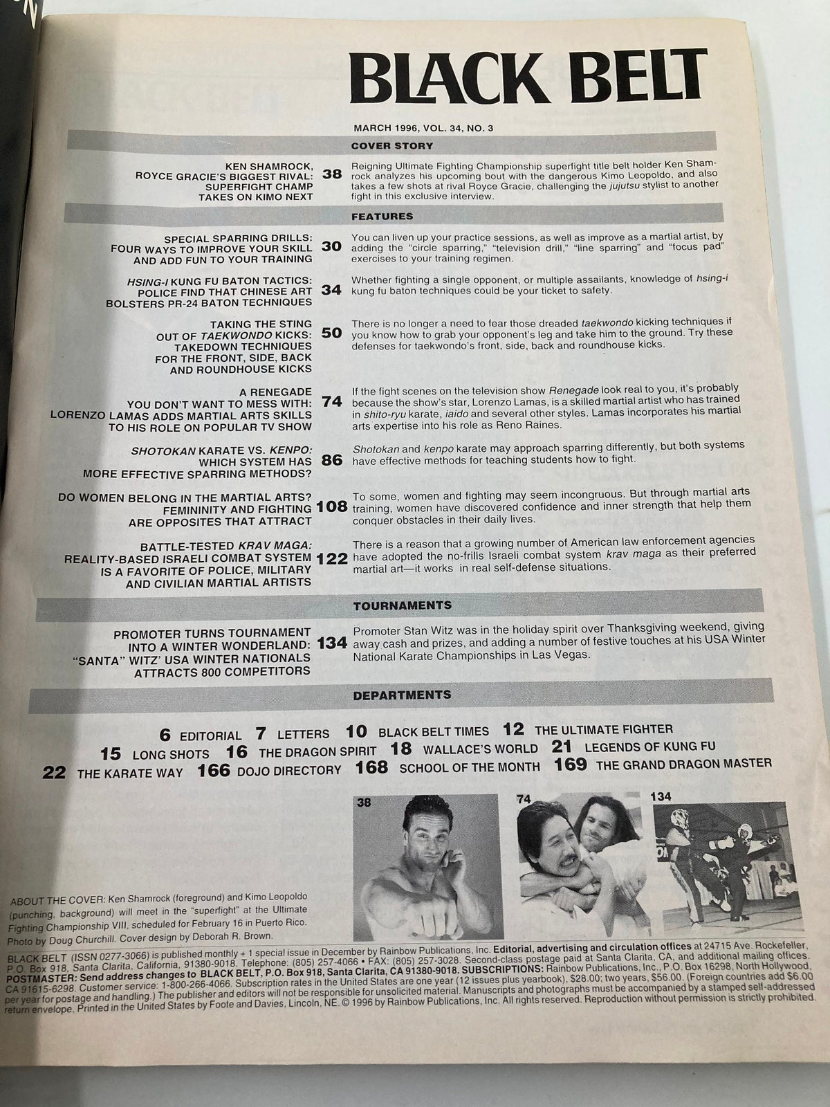 Table of contents from Black Belt Magazine March 1996 edition featuring Ken Shamrock and Kimo Leopoldo, covering martial arts topics, techniques, and interviews with renowned fighters.