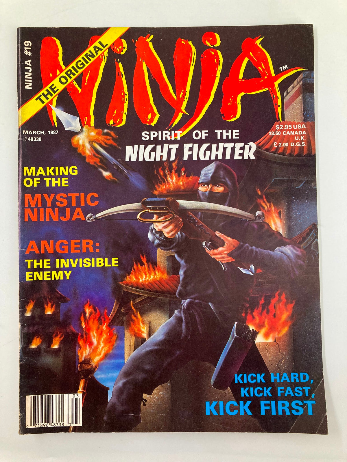 Cover of VTG Ninja Magazine March 1987, titled 'Spirit of the Night Fighter', featuring a ninja in a dramatic pose with flames in the background.