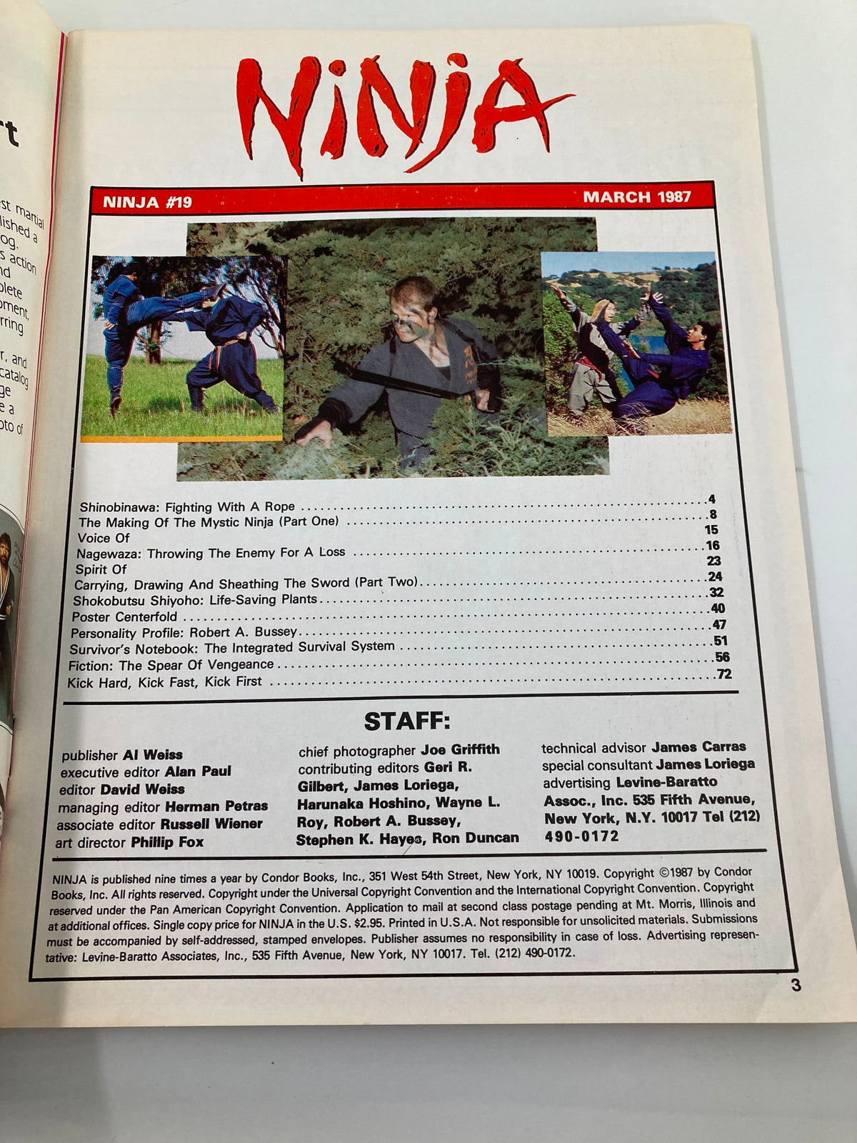 Contents page of VTG Ninja Magazine March 1987, showcasing articles and topics related to ninjutsu, including 'The Making of the Mystic Ninja'.