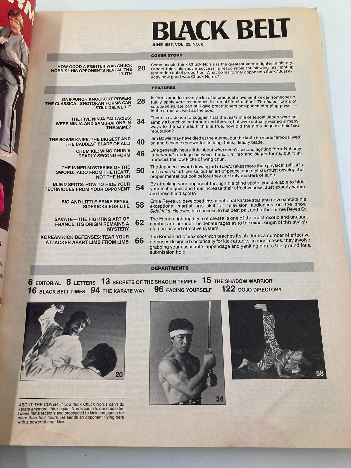 Inside page of VTG Black Belt Magazine June 1987, showcasing articles including 'How Good Was Chuck Norris?' and features on martial arts techniques and history.