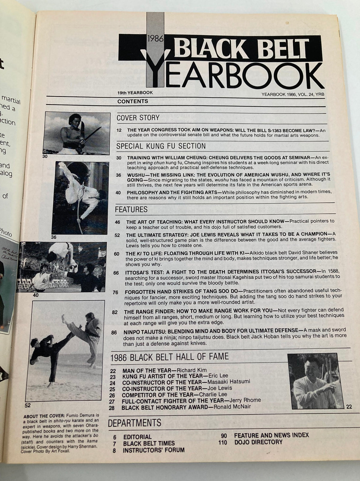 Contents page of the Black Belt Yearbook 1986, outlining various articles and features, including training techniques, historical insights, and the Black Belt Hall of Fame.
