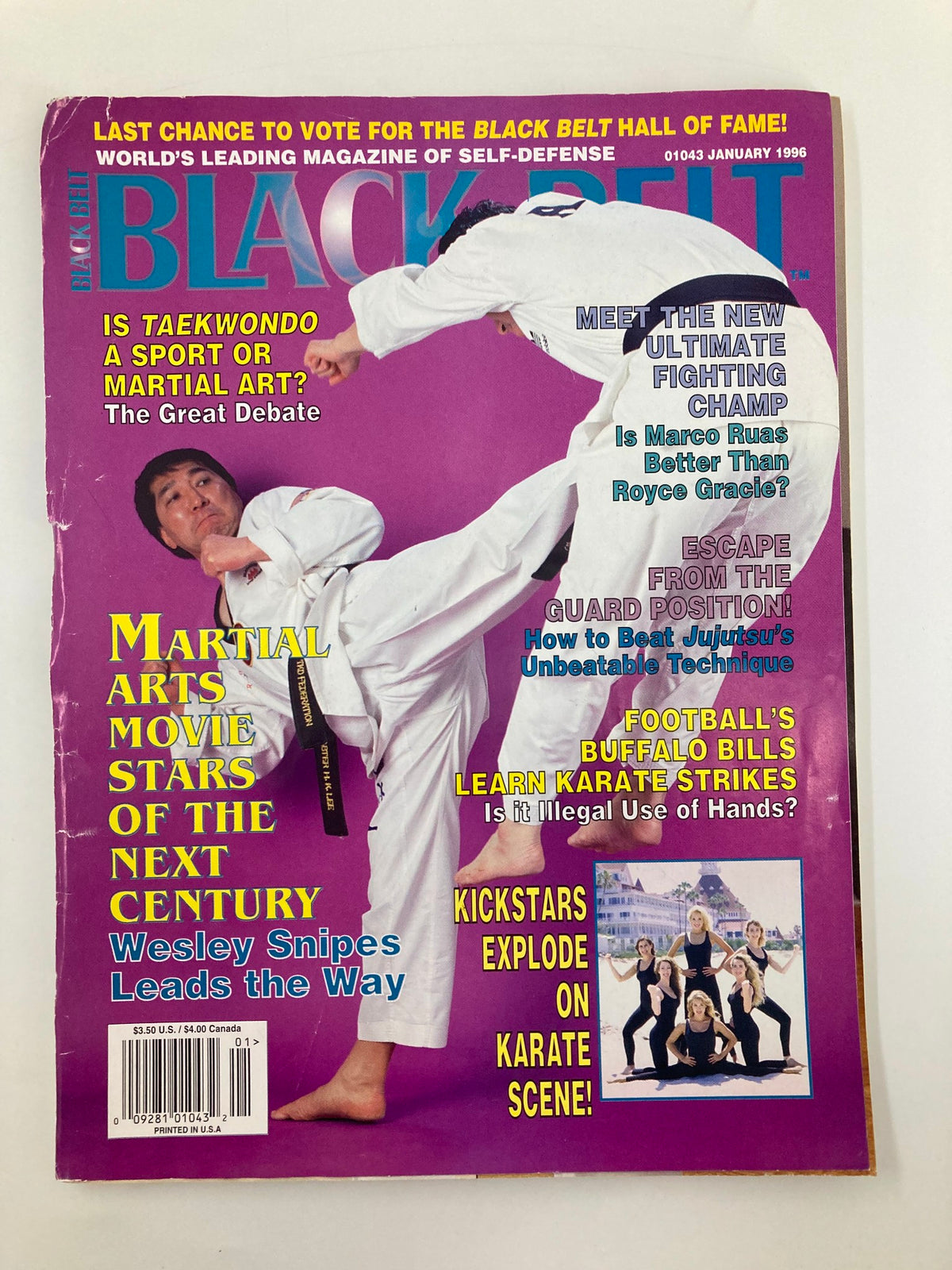 Cover of Black Belt Magazine January 1996 featuring Virginia Based Instructor HK Lee, with a headline discussing martial arts topics including Taekwondo and UFC champion Marco Ruas.