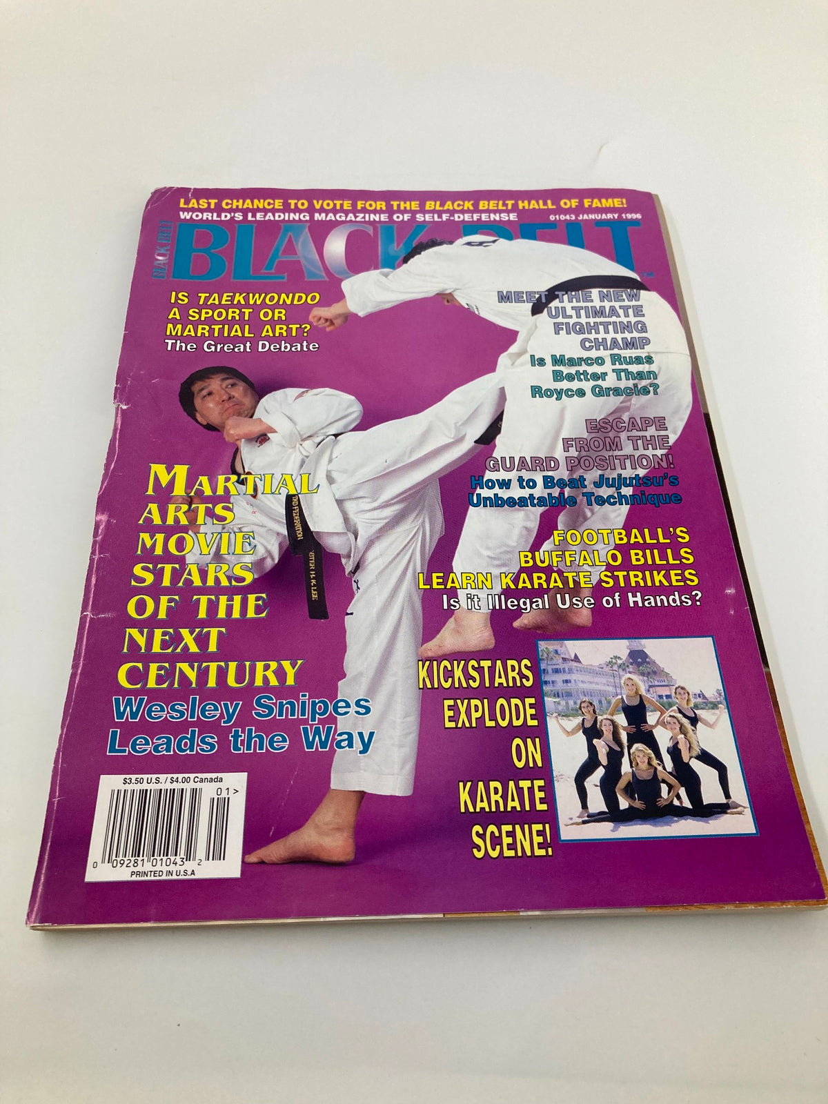 Alternate view of the cover of Black Belt Magazine January 1996 showcasing Virginia Based Instructor HK Lee, highlighting martial arts movie stars and karate techniques.