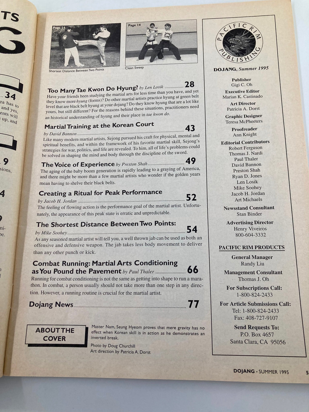 Continuation of the table of contents from Dojang Magazine Summer 1995, featuring feature stories about martial arts training and culture.