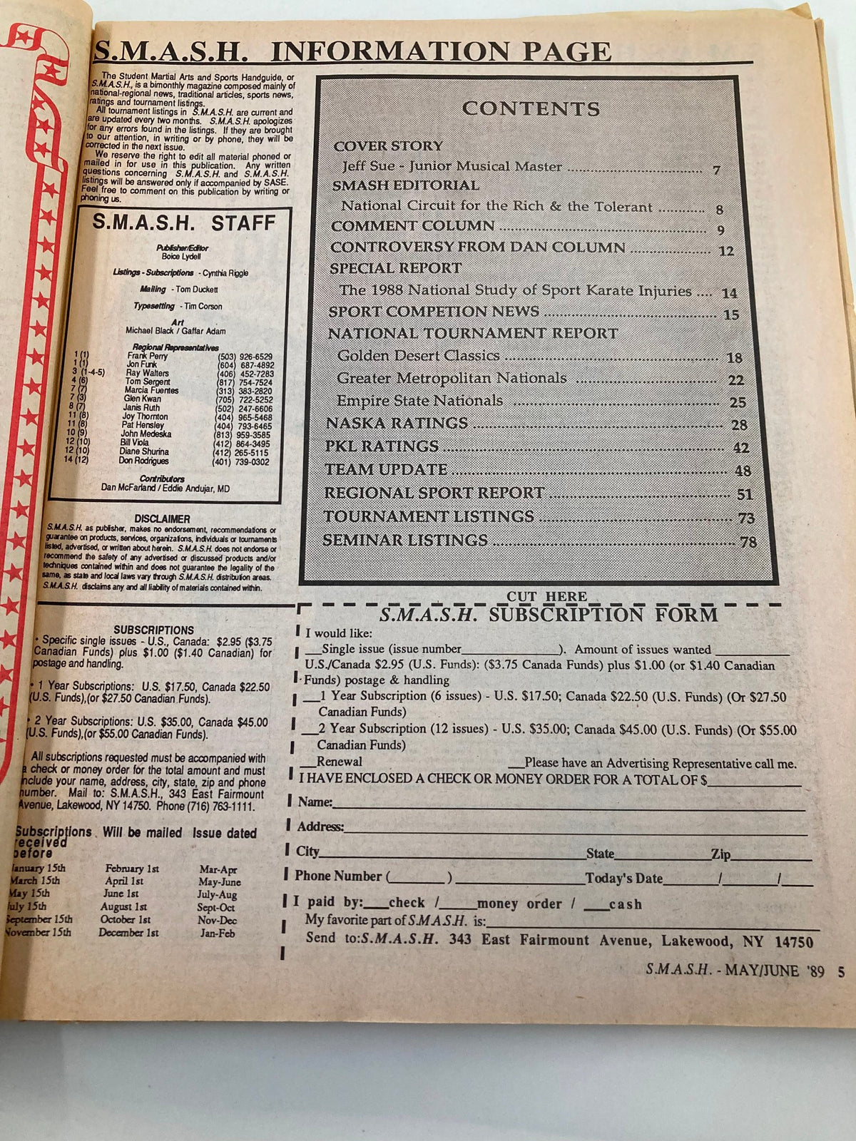 Contents page of the VTG Sport Karate Magazine May 1989, detailing articles, reports, and features including Jeff Sue and the Empire State Nationals. Insightful resource for martial arts enthusiasts.