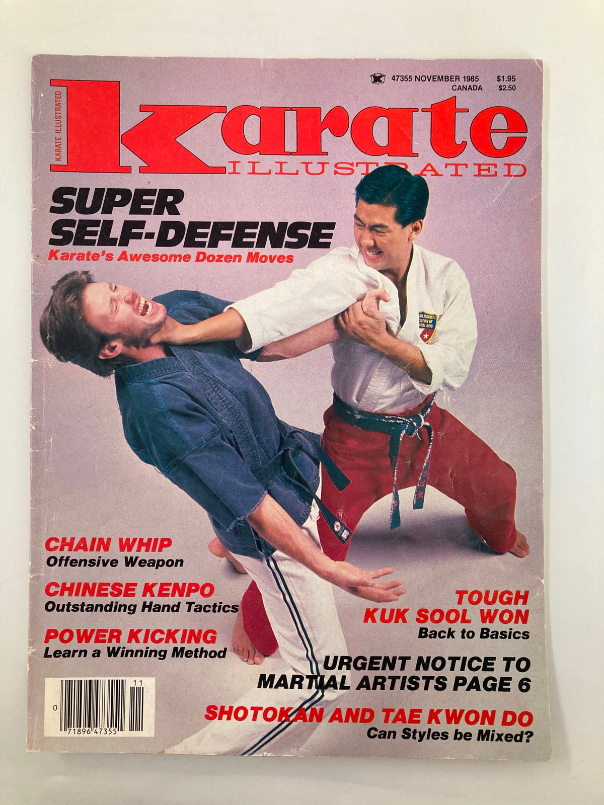 VTG Karate Illustrated Magazine November 1985 showcasing action-packed cover featuring Brian Fung and Johnny Gyro demonstrating karate self-defense techniques.