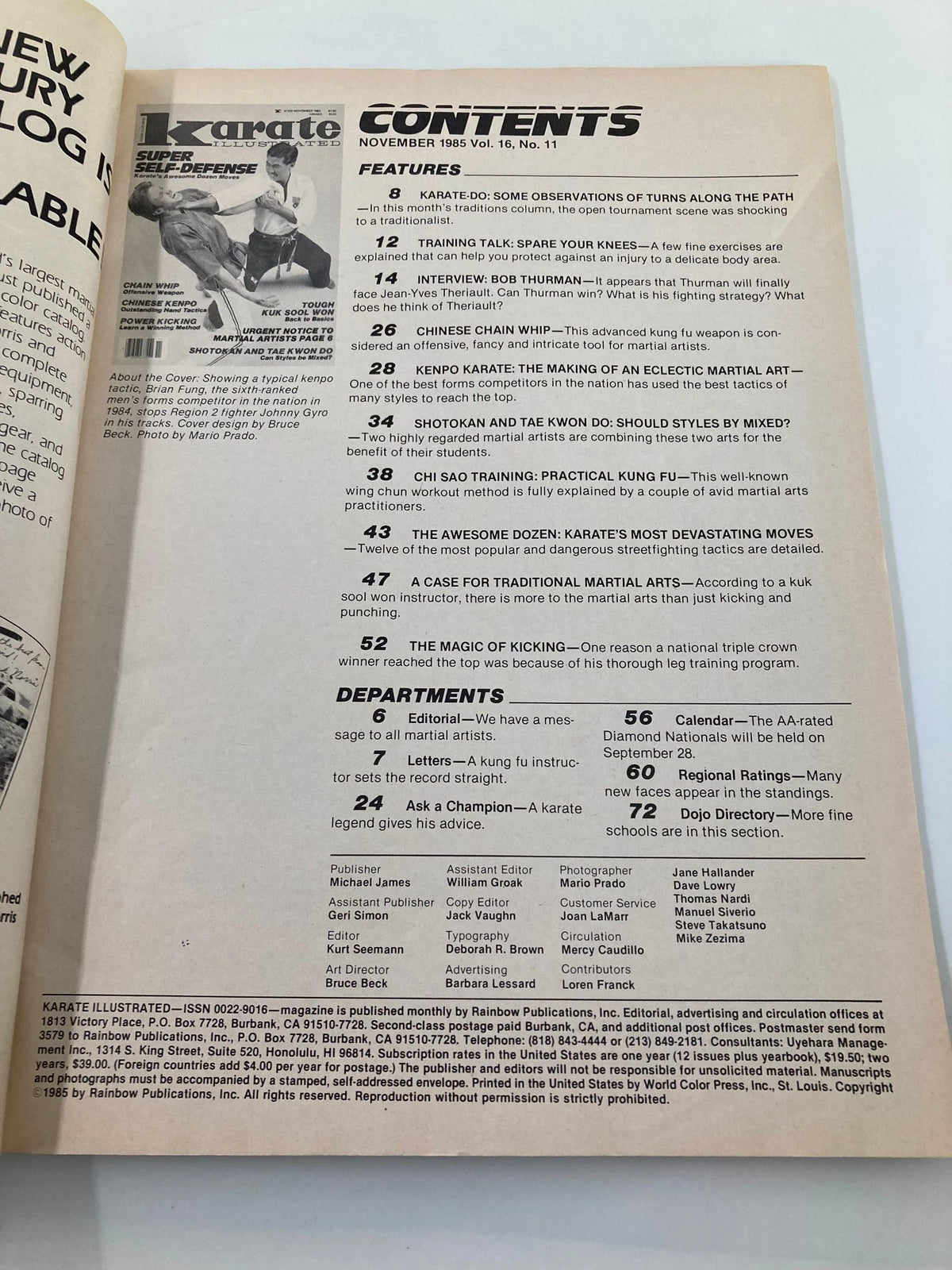 Interior contents page of VTG Karate Illustrated Magazine November 1985 highlighting articles on martial arts topics including traditional karate, self-defense, and training techniques.