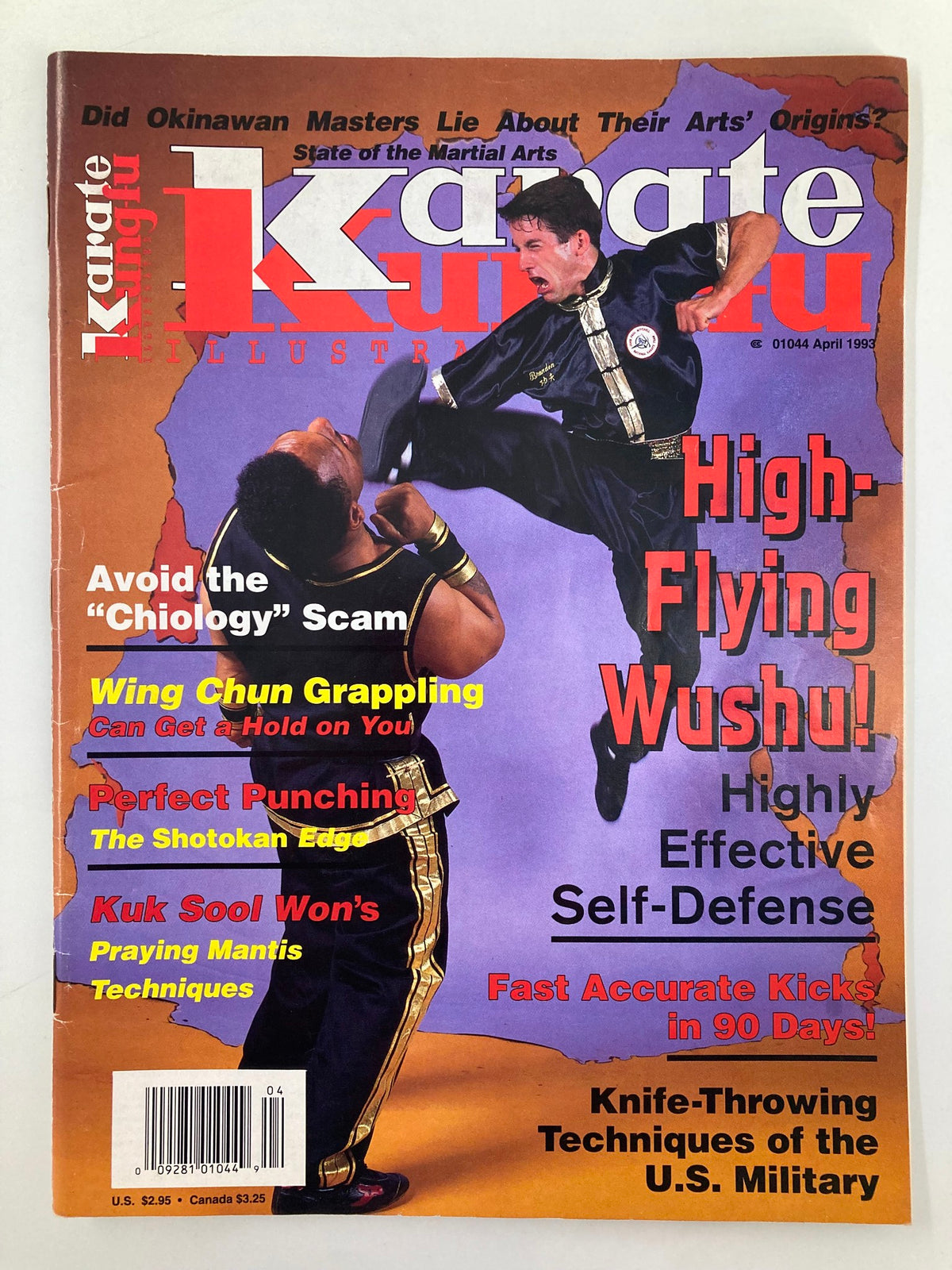 Cover of Karate Kung-Fu Illustrated Magazine April 1993 featuring dynamic martial arts action with a high-flying kick and bold headlines about martial arts techniques, grappling, and self-defense.