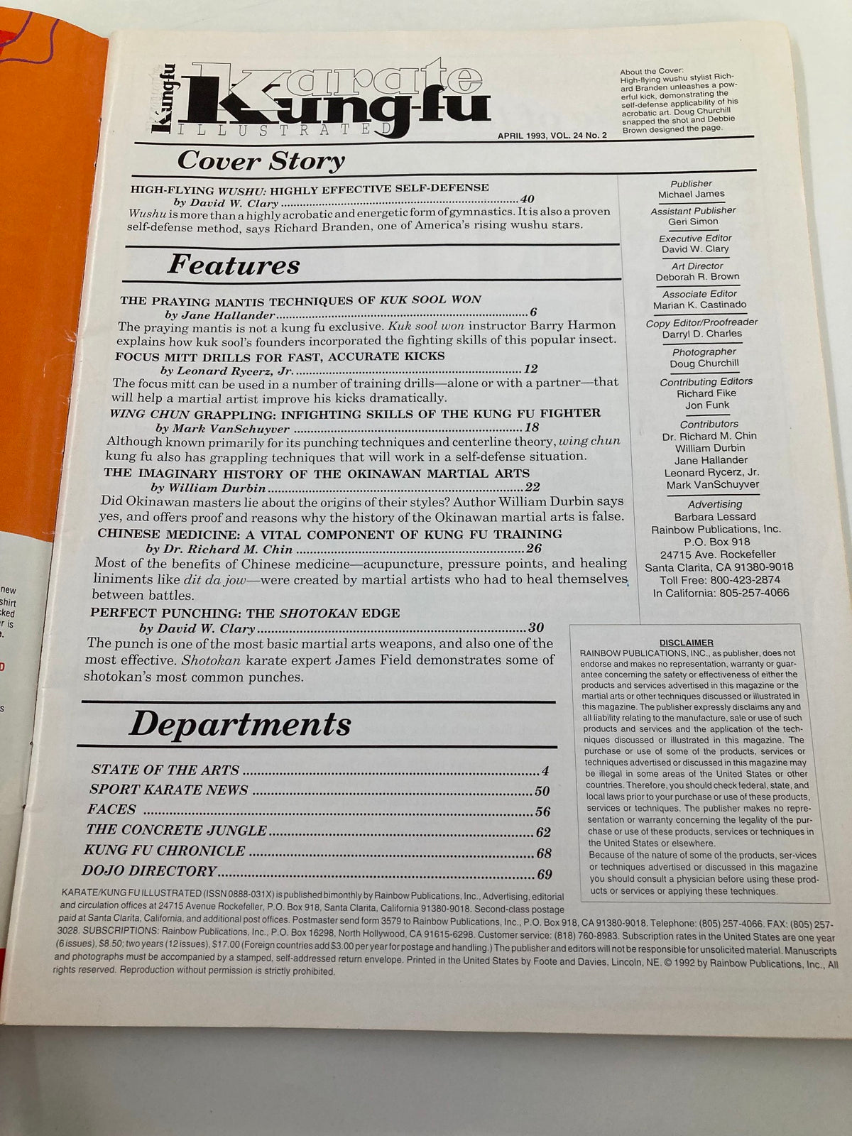 Table of contents page from the Karate Kung-Fu Illustrated Magazine April 1993, featuring articles on martial arts techniques such as Wushu and Kuk Sool Won, along with a cover story highlighting the effectiveness of self-defense.