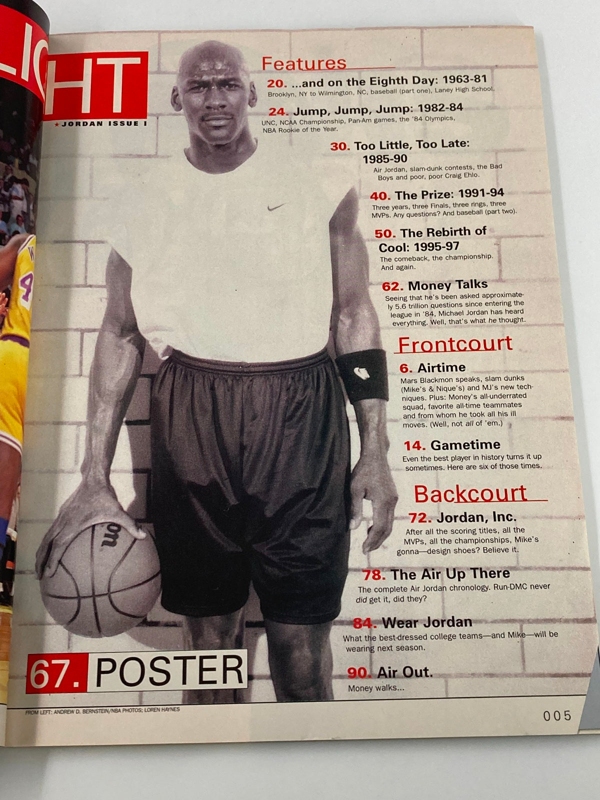 Inside page of Slam Magazine Presents 1997 #20 detailing features and articles about Michael Jordan, showcasing an image of Jordan in a classic basketball pose.