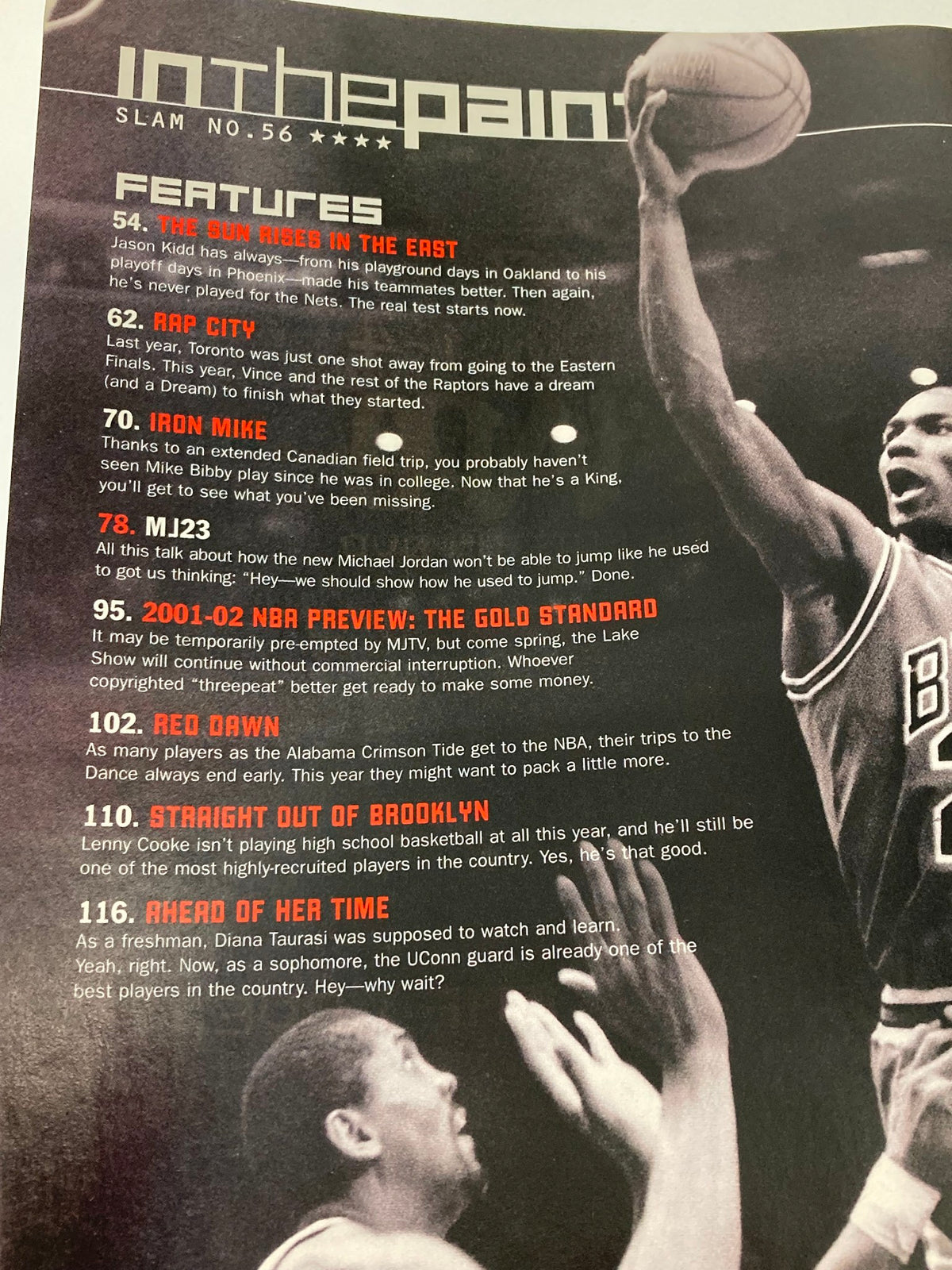 Interior page of Slam Magazine December 2001 #56 featuring basketball insights and player features, including an article on the return of Michael Jordan.