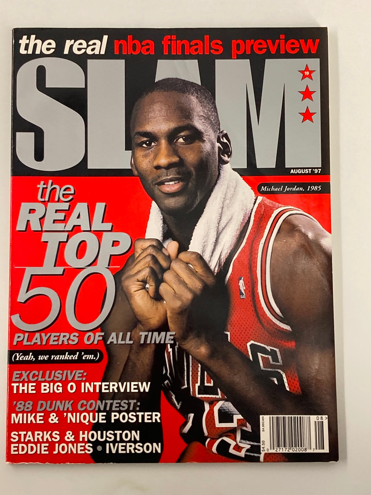 Slam Magazine August 1997 issue #19 featuring Michael Jordan on the cover, highlighting the NBA Finals preview and 'The Real Top 50 Players of All Time'.