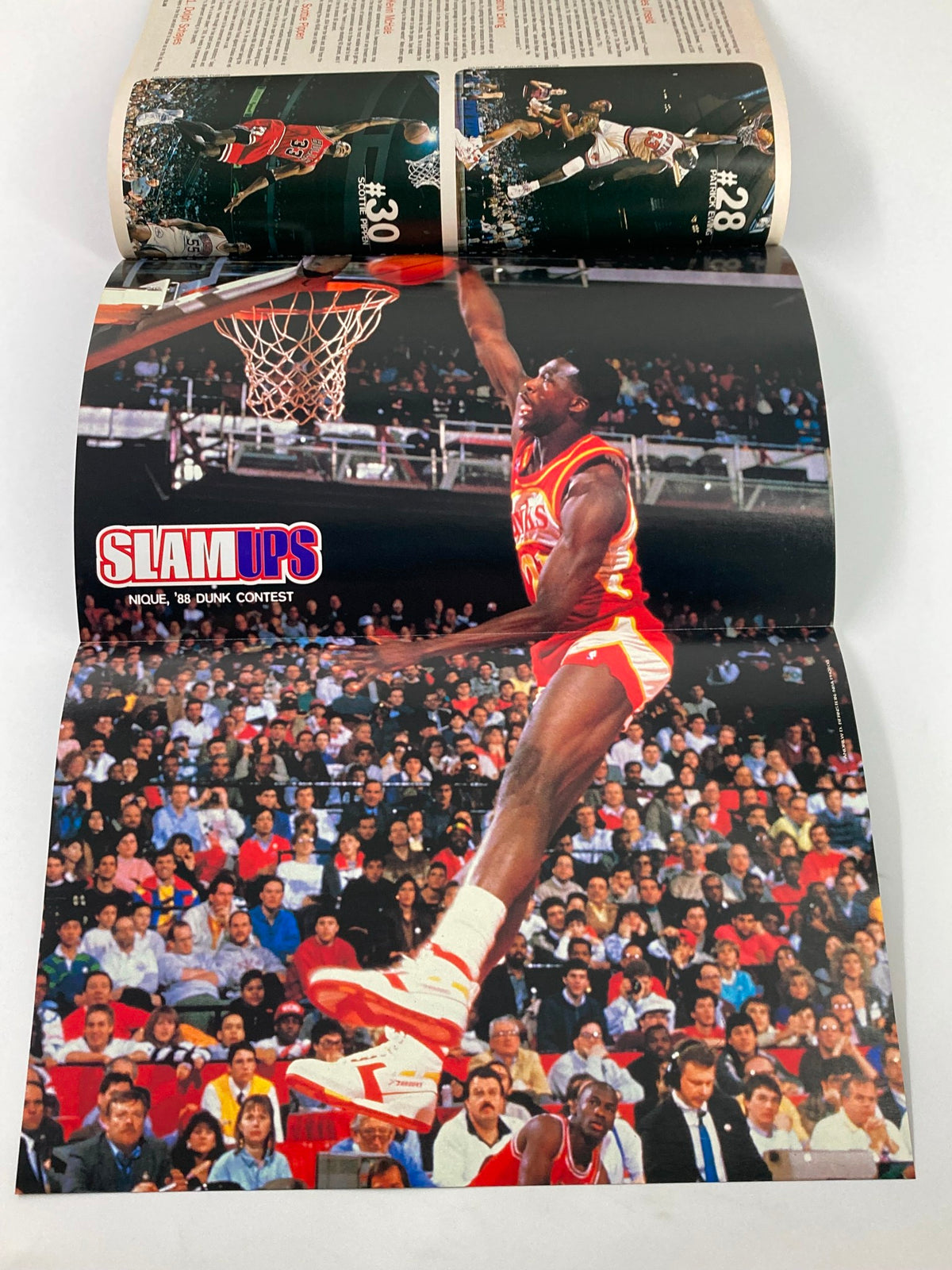 Fold-out poster from Slam Magazine August 1997 issue #19 featuring a slam dunk moment, celebrating the 1988 Dunk Contest.