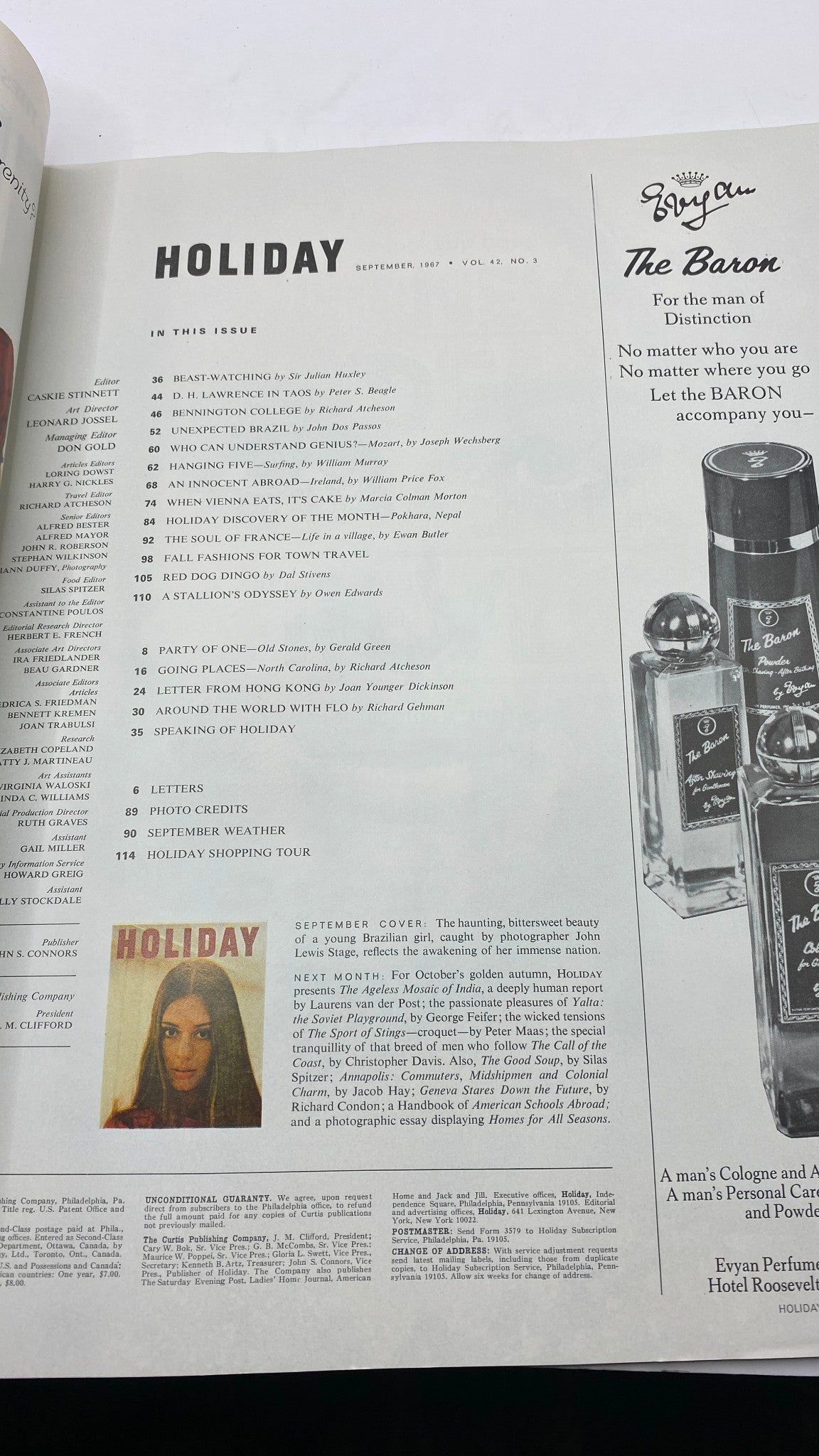 Table of contents page from the September 1967 issue of VTG Holiday Magazine, listing various articles and features within the magazine.