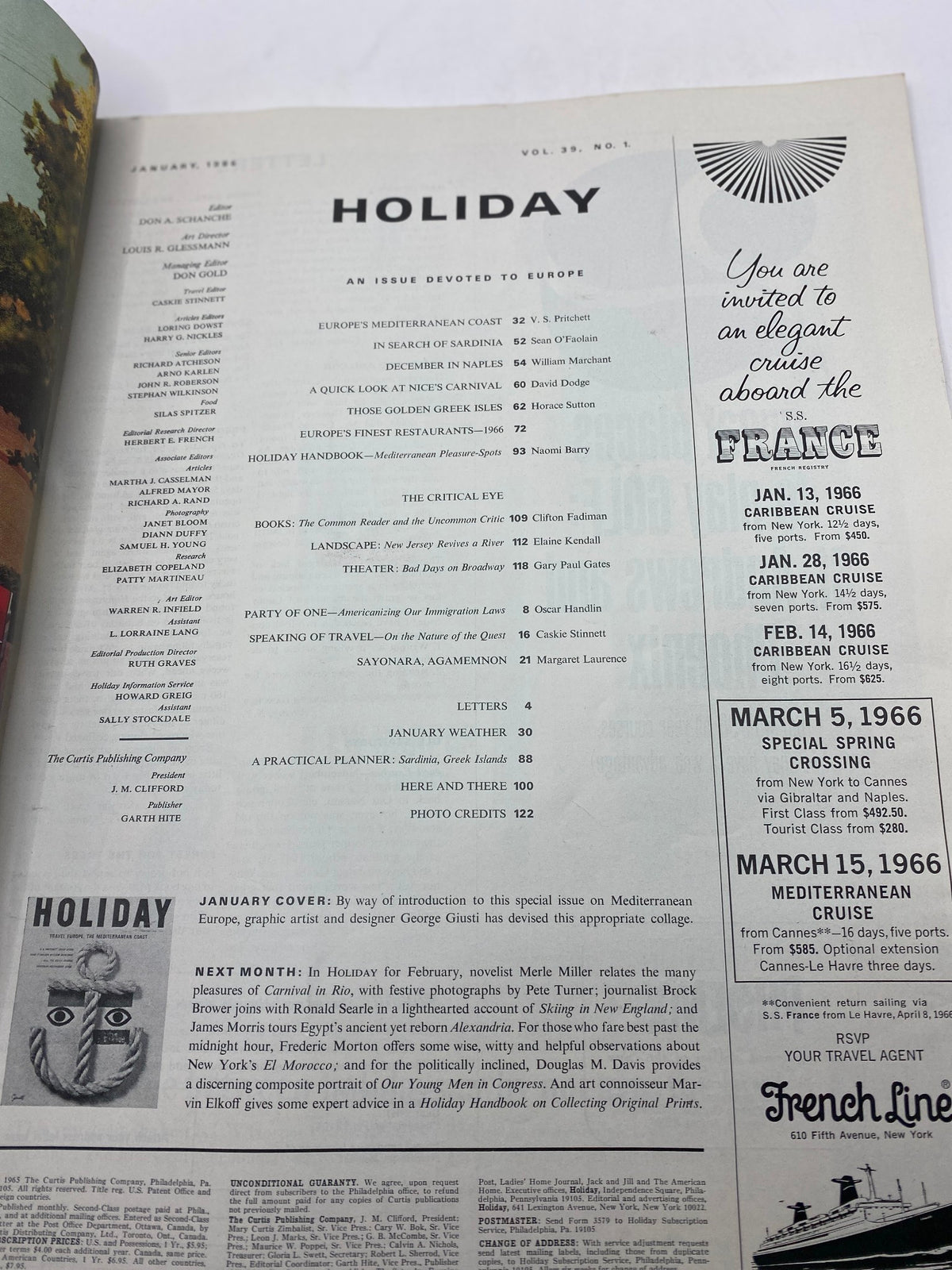 VTG Holiday Magazine January 1966 - Table of contents page featuring articles on Mediterranean Europe, travel insights, and historical perspectives, highlighting the magazine's focus on travel in the '60s.