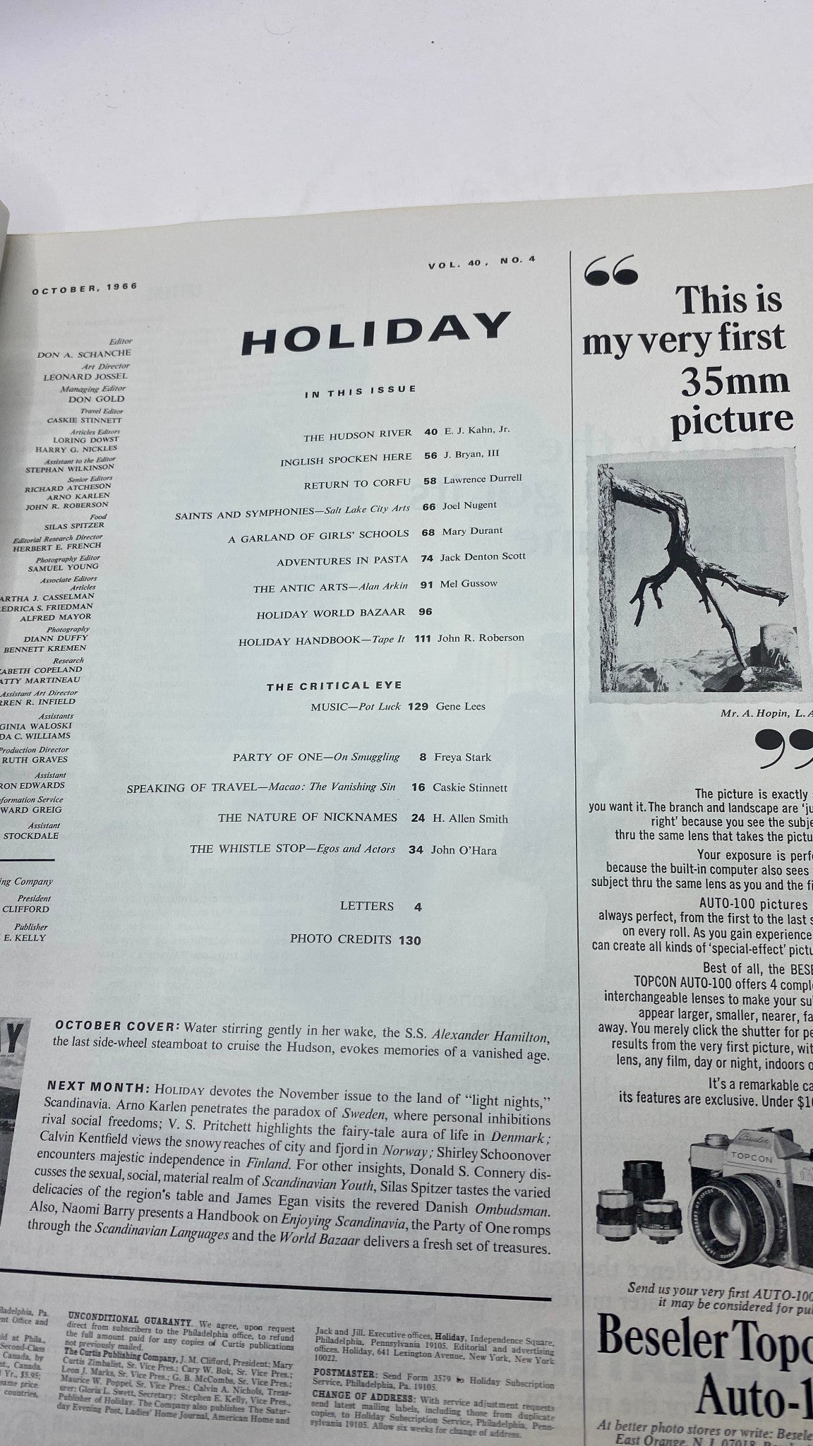 Inside page of VTG Holiday Magazine October 1966, Volume 40 No. 4, showcasing the table of contents and editorial credits.