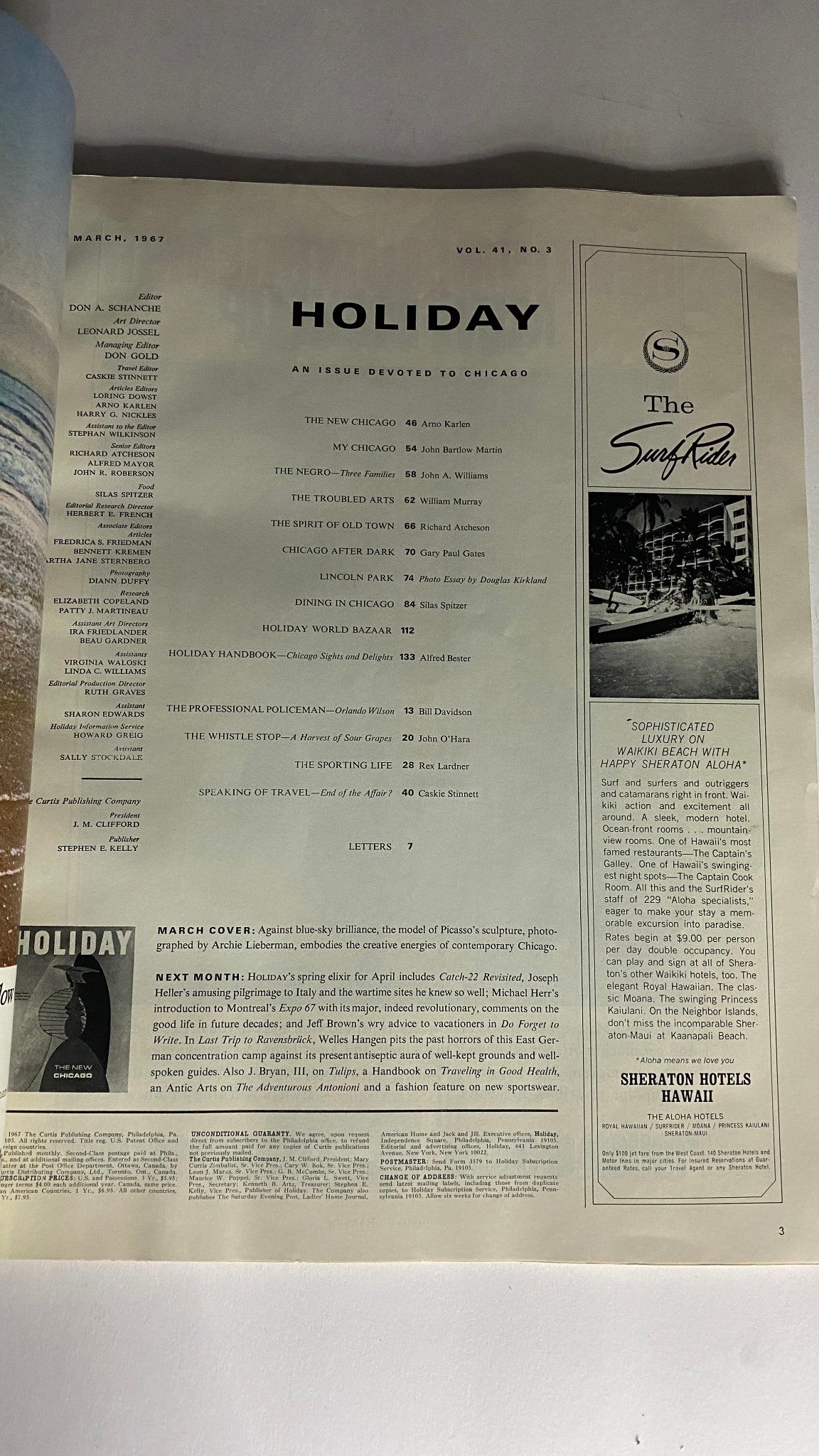 Table of contents from the March 1967 issue of VTG Holiday Magazine, highlighting articles including Picasso's Sculpture by Archie Lieberman.