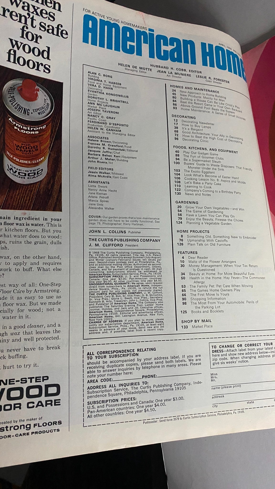 Inside cover of VTG American Home Magazine April 1968 showcasing contents page, featuring articles on home maintenance, gardening, and household tips.