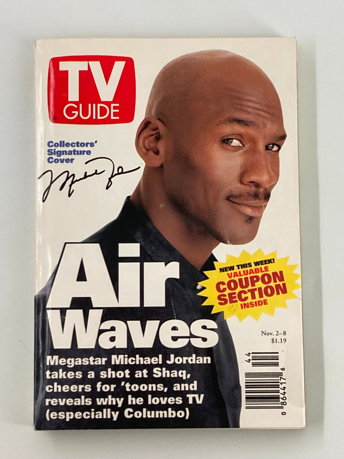 TV Guide Magazine November 2, 1996 featuring Michael Jordan on the cover with the title 'Air Waves.' The issue is a collectible with a signature cover, showcasing Jordan's iconic appeal in a vintage design.