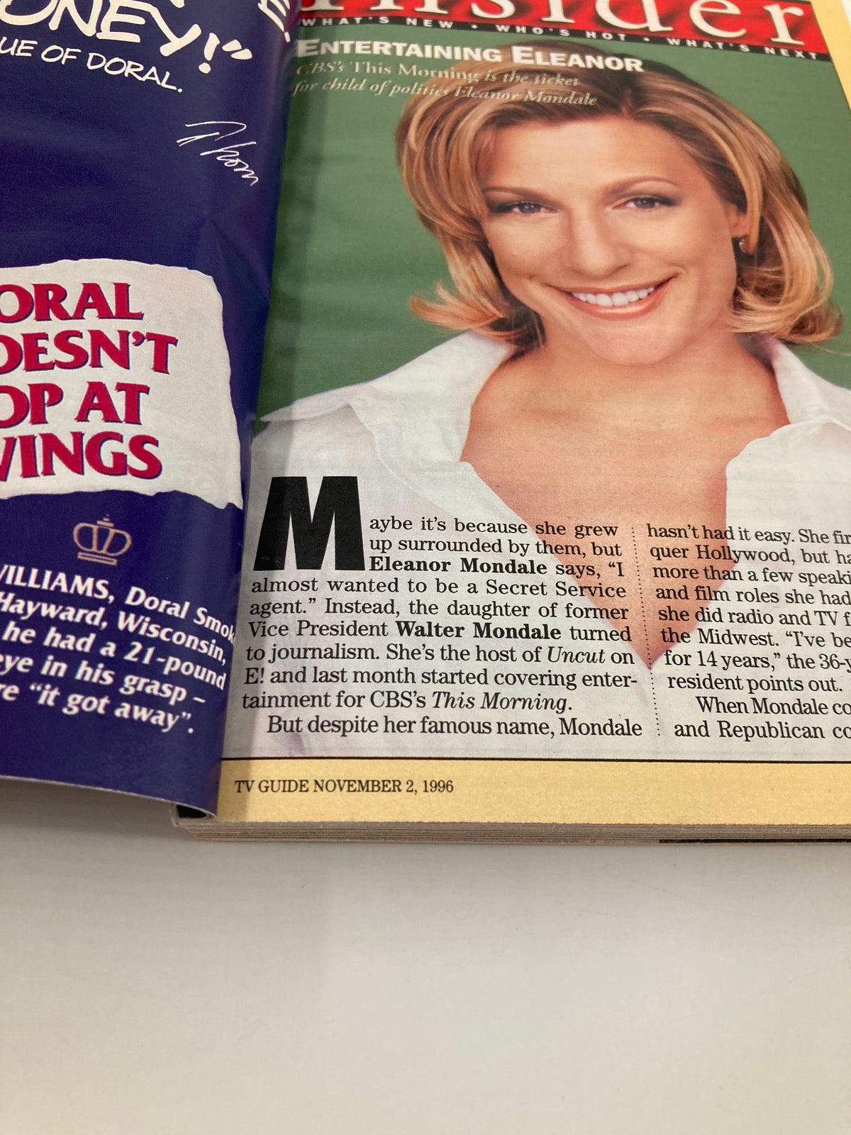 Inside page of TV Guide Magazine November 2, 1996, featuring an article about Eleanor Mondale, highlighting her career in journalism. The magazine showcases television insights from the mid-90s.
