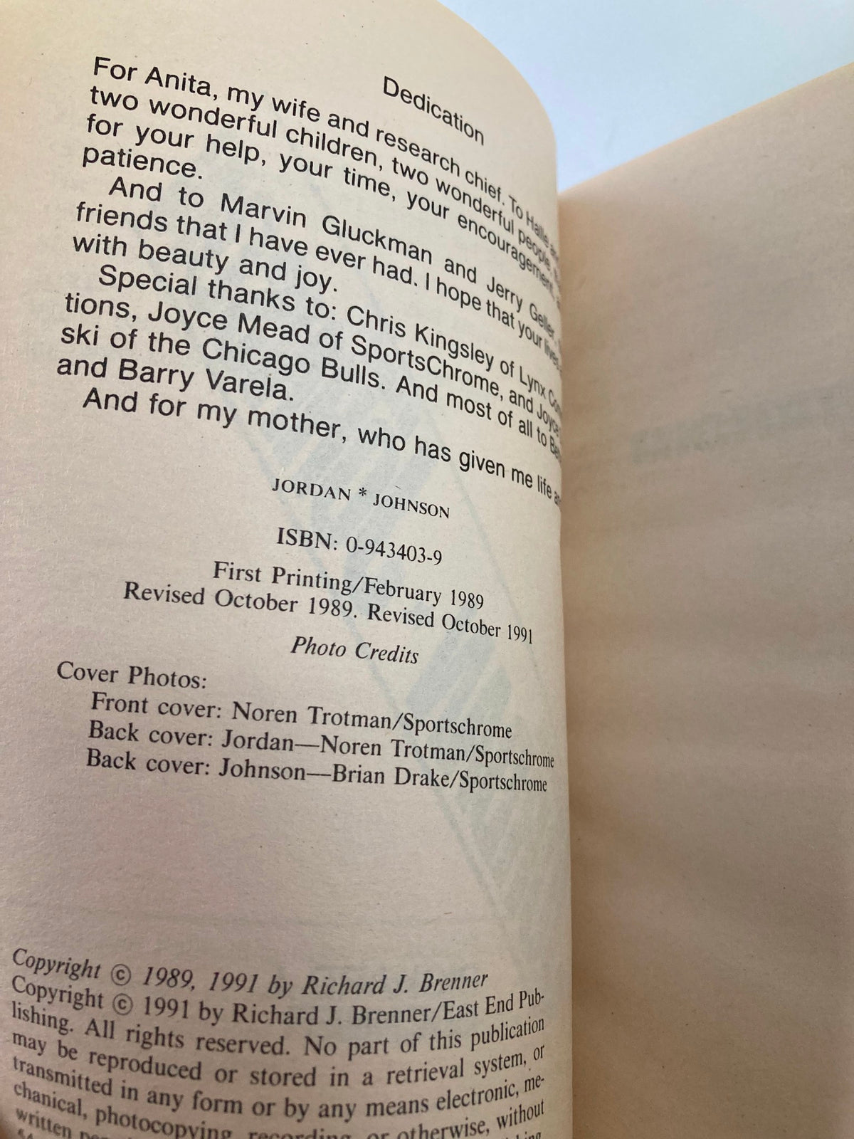 Dedication page from the book '1991 Superstars Michael Jordan and Magic Johnson by Richard J. Brenner', featuring heartfelt acknowledgments and credits.