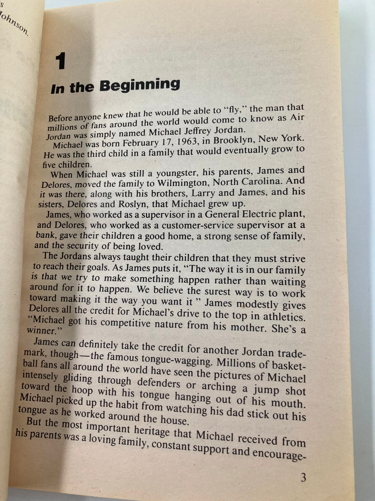 Page 3 of '1991 Superstars Michael Jordan and Magic Johnson by Richard J. Brenner', detailing Michael Jordan's early life and family background.