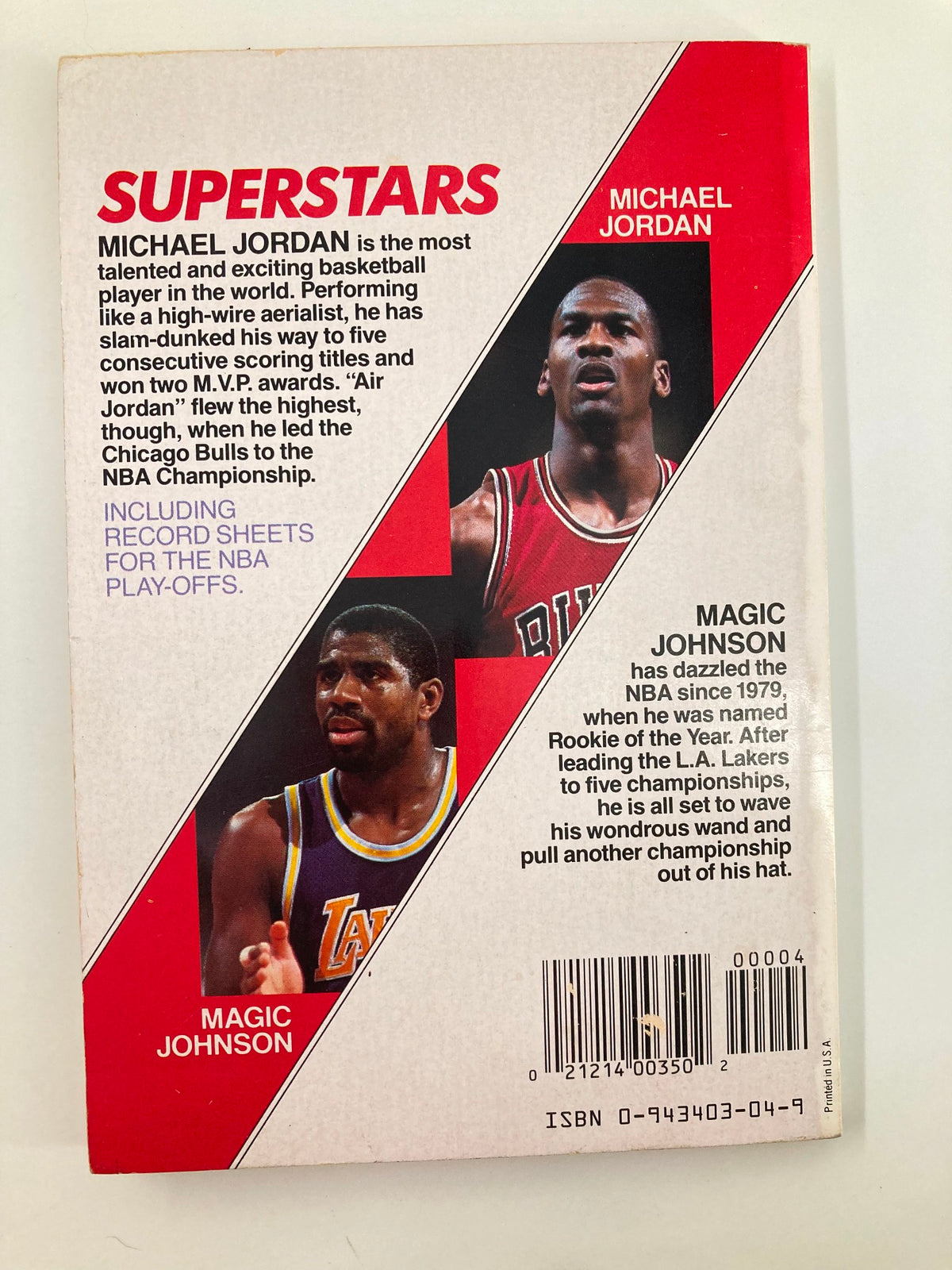 Back cover of the book '1991 Superstars Michael Jordan and Magic Johnson by Richard J. Brenner' showcasing Michael Jordan and Magic Johnson, with their achievements in the NBA.