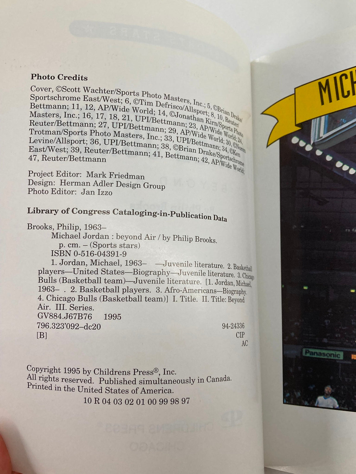 Photo credits page from '1995 Sports Stars Michael Jordan Beyond Air Book by Philip Brooks', showing credits and cataloging information.