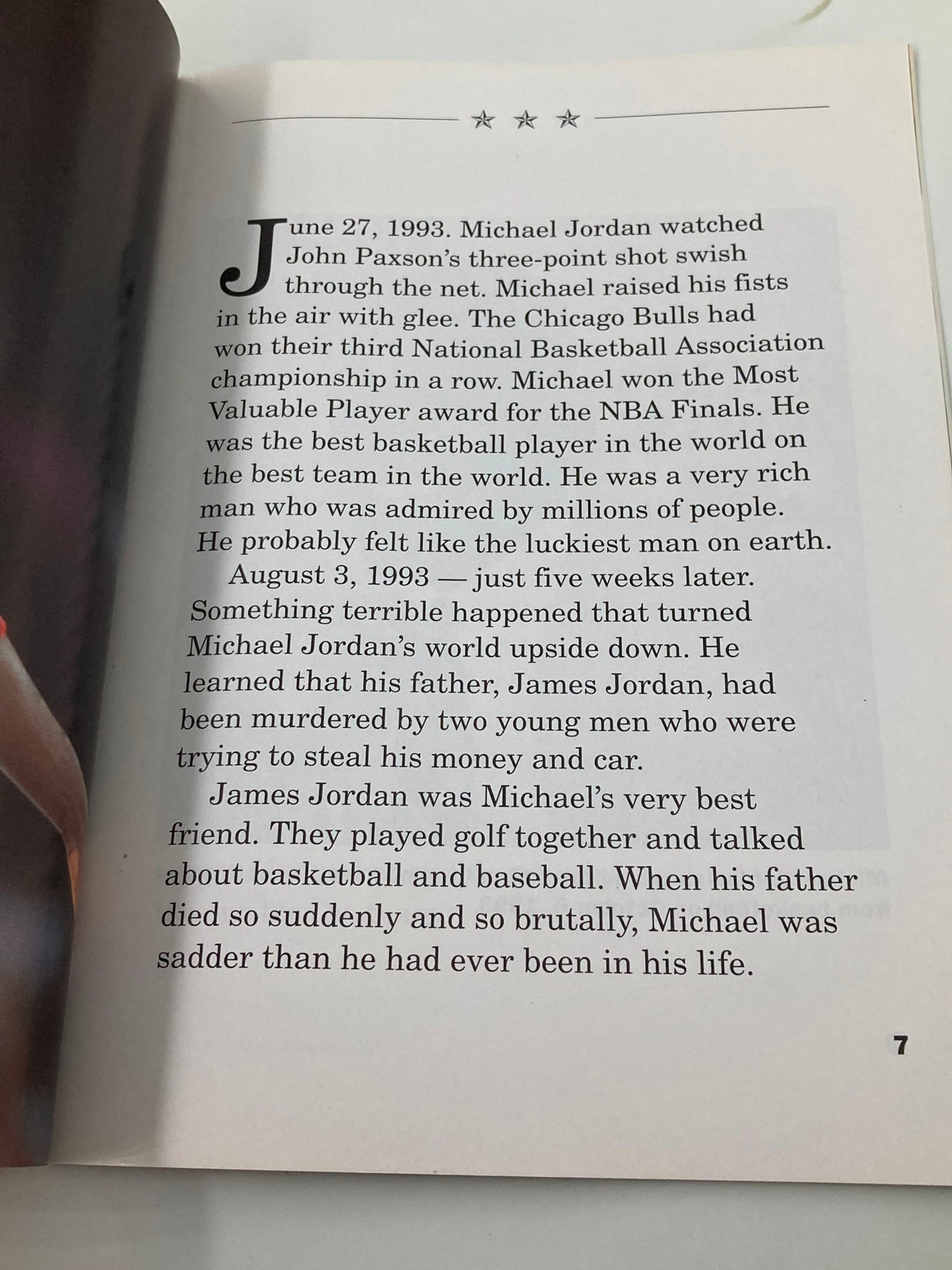 Text page from '1995 Sports Stars Michael Jordan Beyond Air Book by Philip Brooks', narrating significant events in Michael Jordan's life.