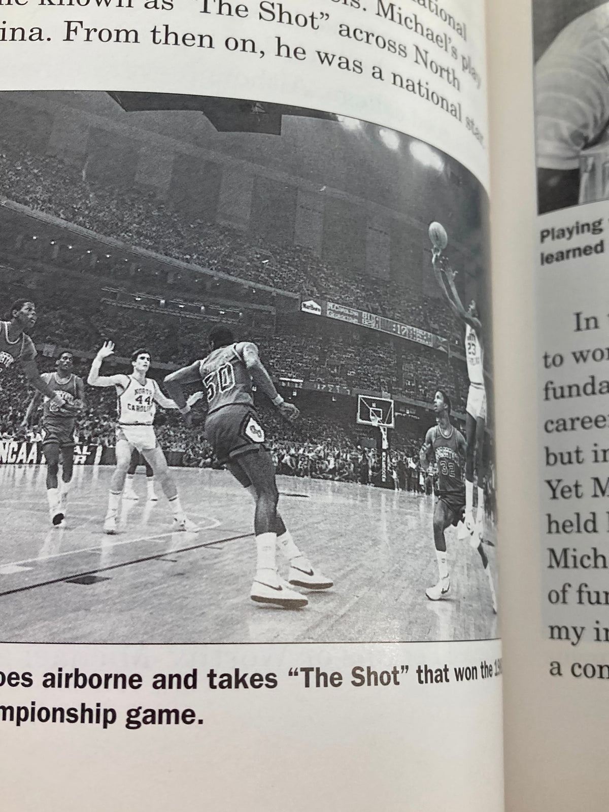 Illustration of Michael Jordan taking 'The Shot' in a championship game from '1995 Sports Stars Michael Jordan Beyond Air Book by Philip Brooks'.