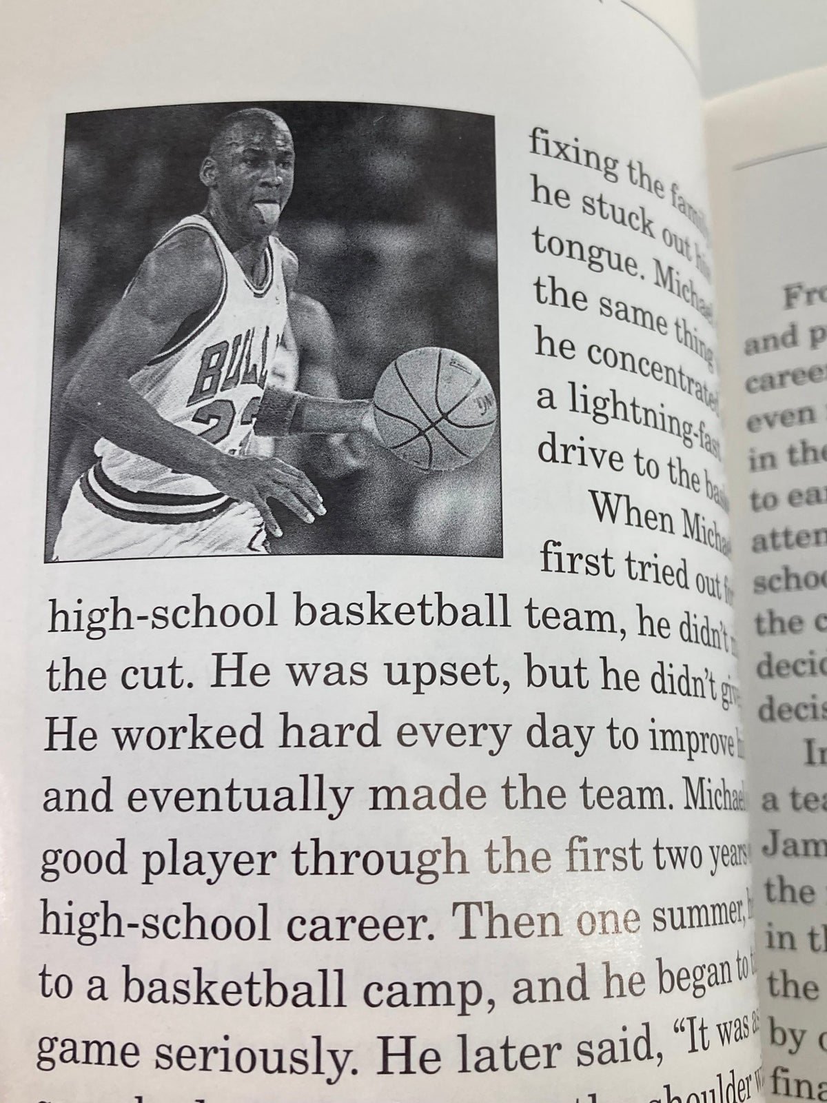 Image from the 1995 Sports Stars Michael Jordan Beyond Air Book by Philip Brooks, featuring Michael Jordan dribbling the basketball and showing intense focus during a game. The book is in very good condition.
